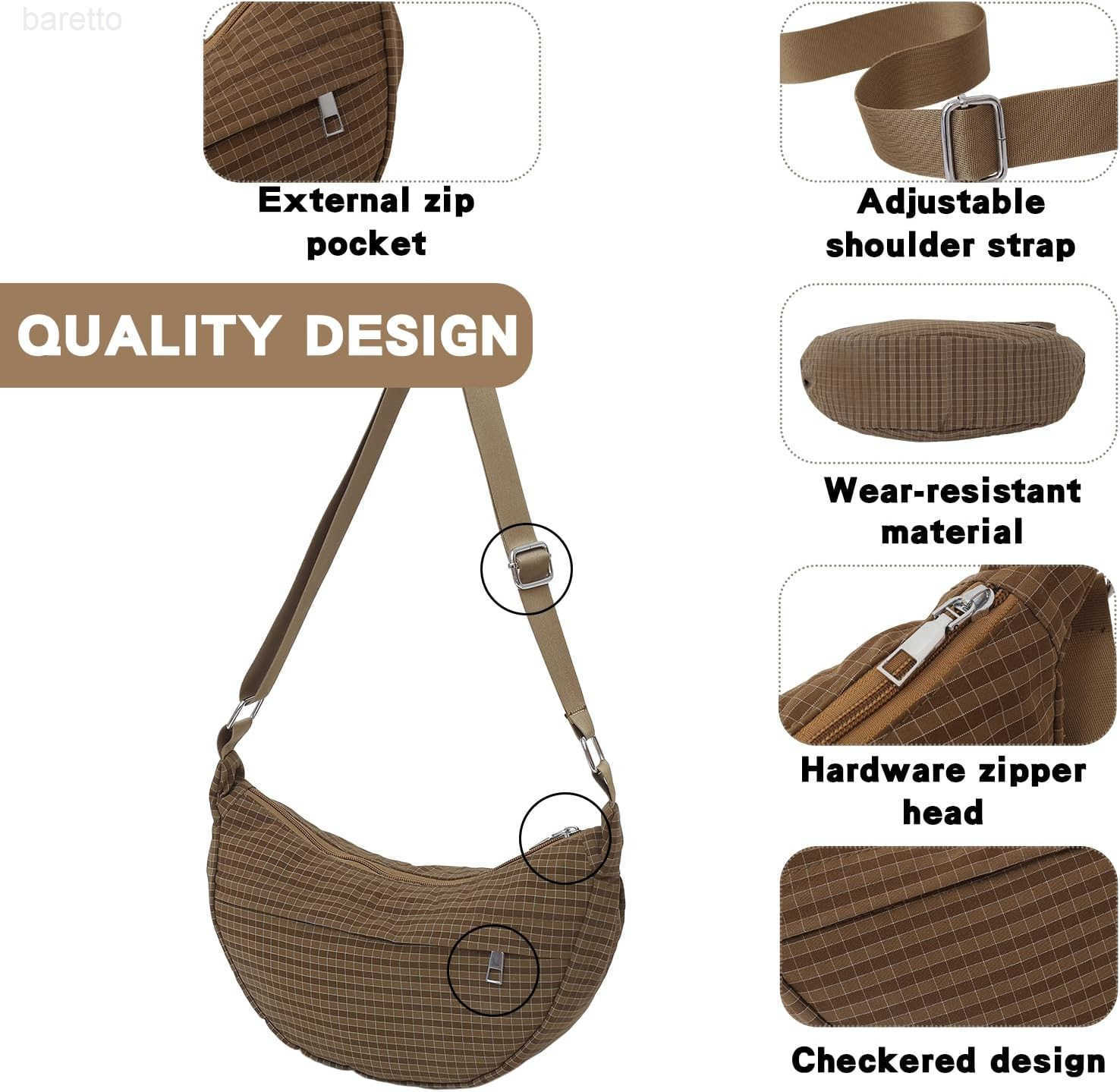 Checkered Nylon Crescent Bag for WomenMoon Bag with Metal Zipper and Card Slots M250903