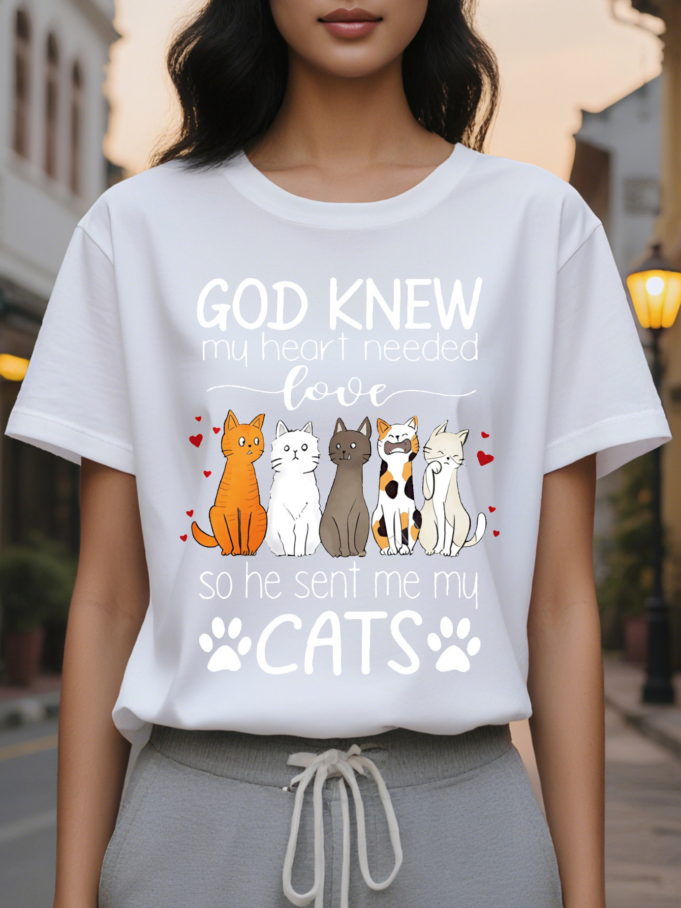 Large XL Tee Women's Casual Lover Graphic T-Shirt God Knew My Heart Needed Love Quote with Cartoon Cats Paw Prints Heather Plus Size