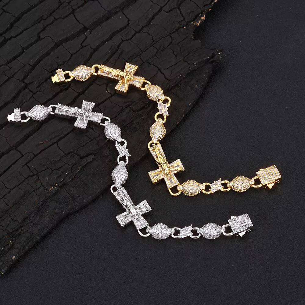 NUOYA Luxury Lab Created Diamond Cross Infinity Bracelet Gold Silver Plated Cuban Link Hip Hop Jewelry Iced Out Baguette Zircon
