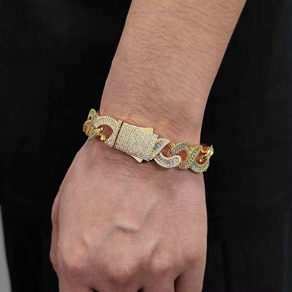 NUOYA Hip Hop Jewelry 15mm Infinite Sign Cuban Link Bracelet for Women Iced Out Baguetter Diamond Cuban Chain Bracelet for Women