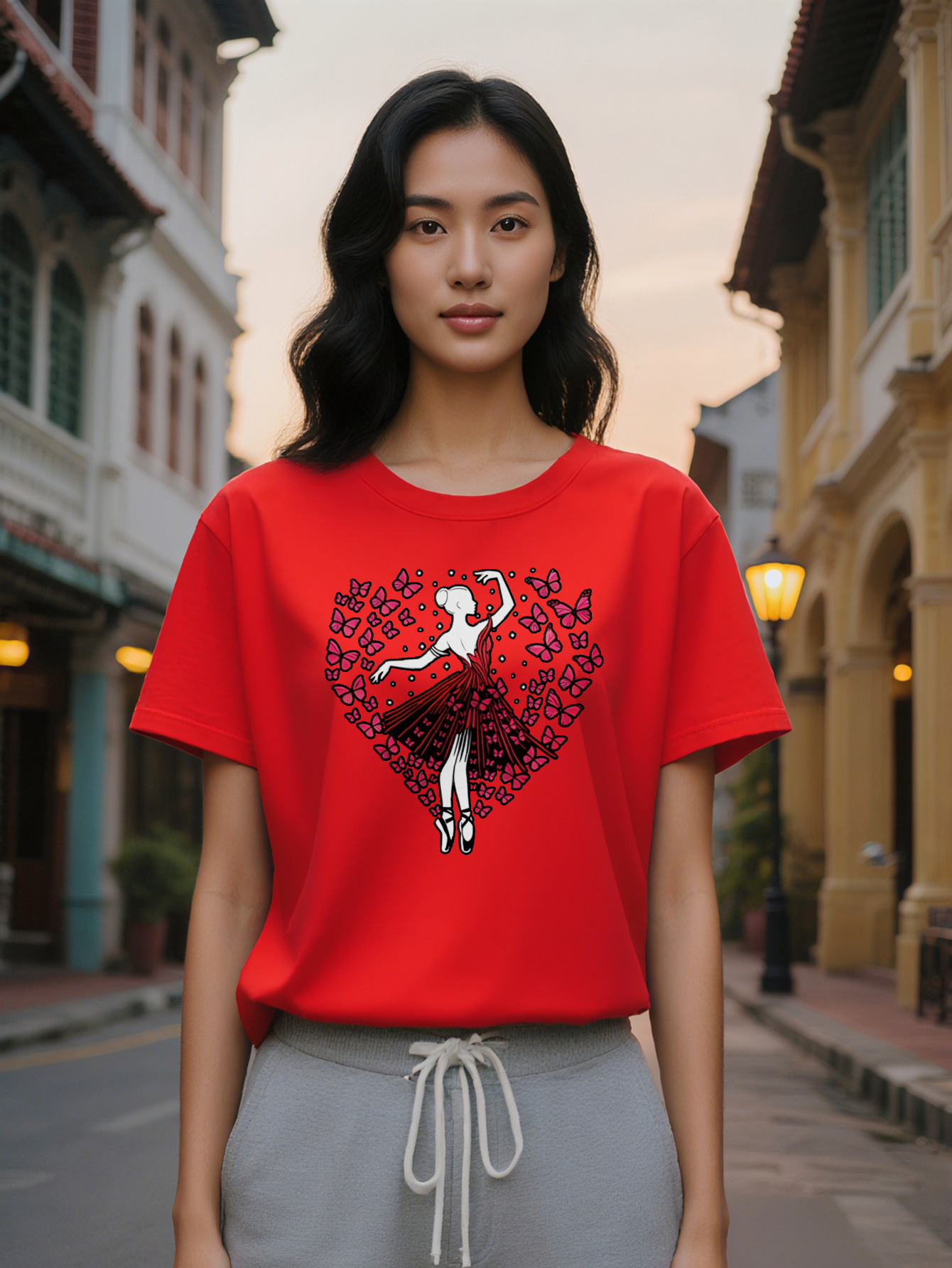 Large XL Women's Casual Crew Neck T-Shirt with Ballet Dancer Red Heart Floral Print Black Summer Graphic Tee Breathable Regular Plus Size