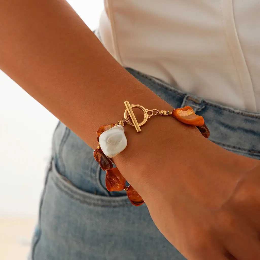 PuRui Boho Imitation Pearl Orange Geometric Stone Chain Bangle Rantic Wen OT Buckle Summer Ocean Beach Pendant Bracelet Y250904