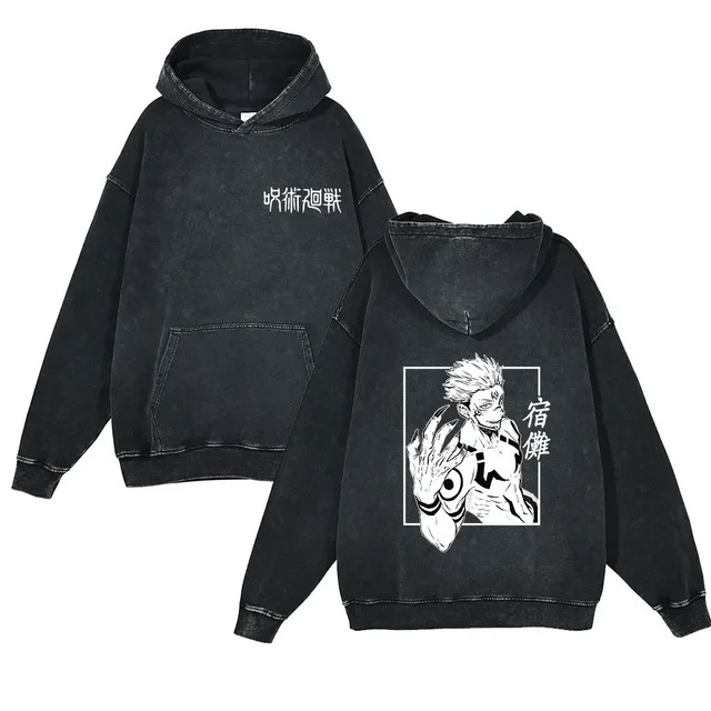 440g Heavyweight Washed Vintage Jujutsu Kaisen Anime Battle Retro Cotton Hoodie Streetwear - VT1673