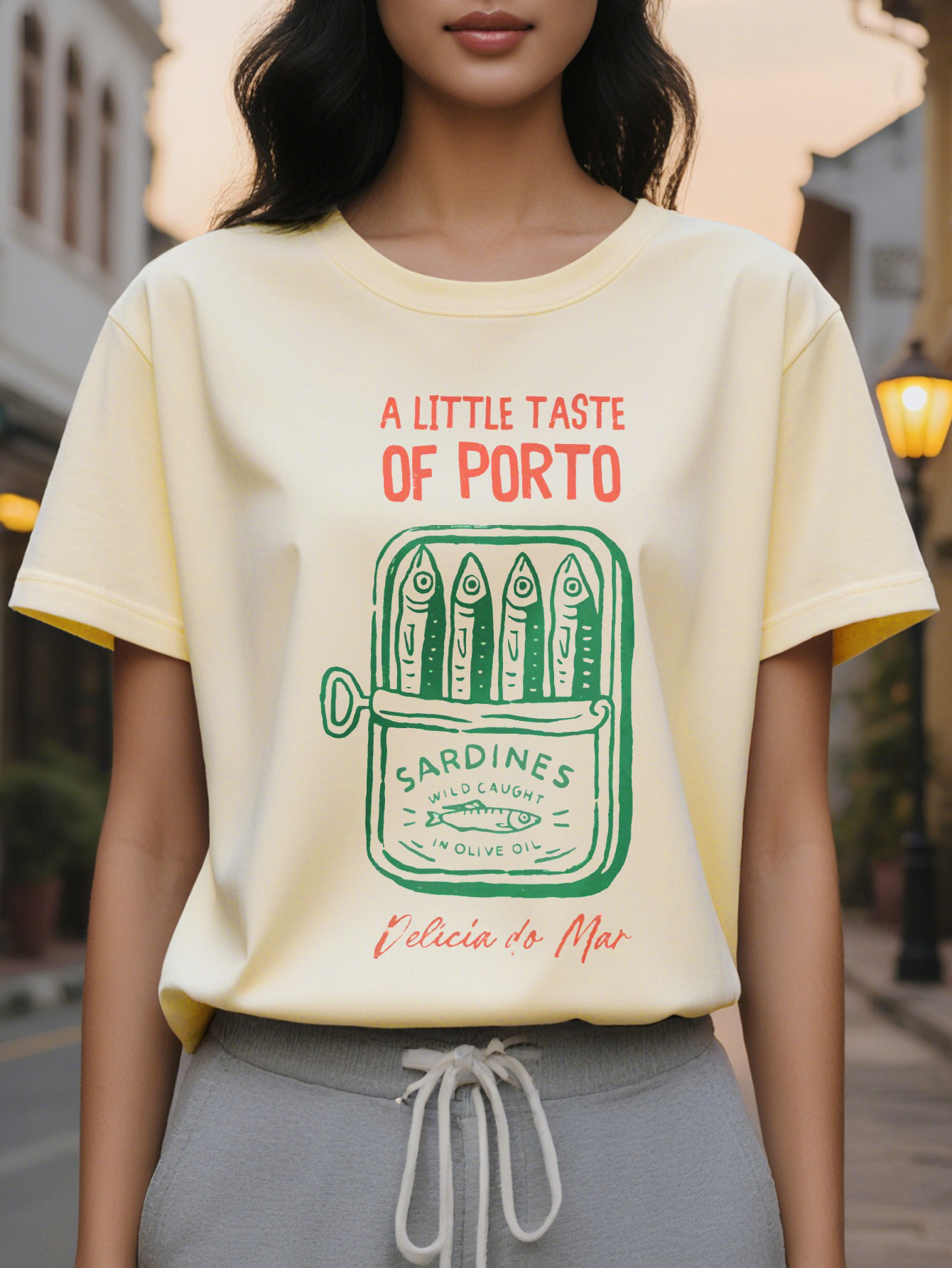 Women s Elegant White T Shirt Porto Style Miramar Sardine Print Summer Casual Round Neck Short Sleeves, washable