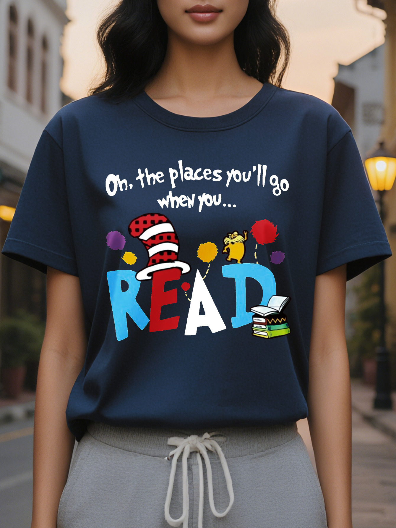 Large XL Women's Casual Short Sleeve T-Shirt Vibrant Orange Cartoon Letter Print with Book Cat On the Places You'll Go Graphic Plus Size