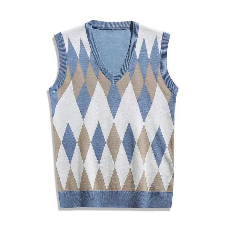 Korean Fashion VNeck Spliced Lattice Knitted Vest Sweaters Mens Clothing New 2025 Casual Plaid Pullover Sleeveless Coat MenXJ250904
