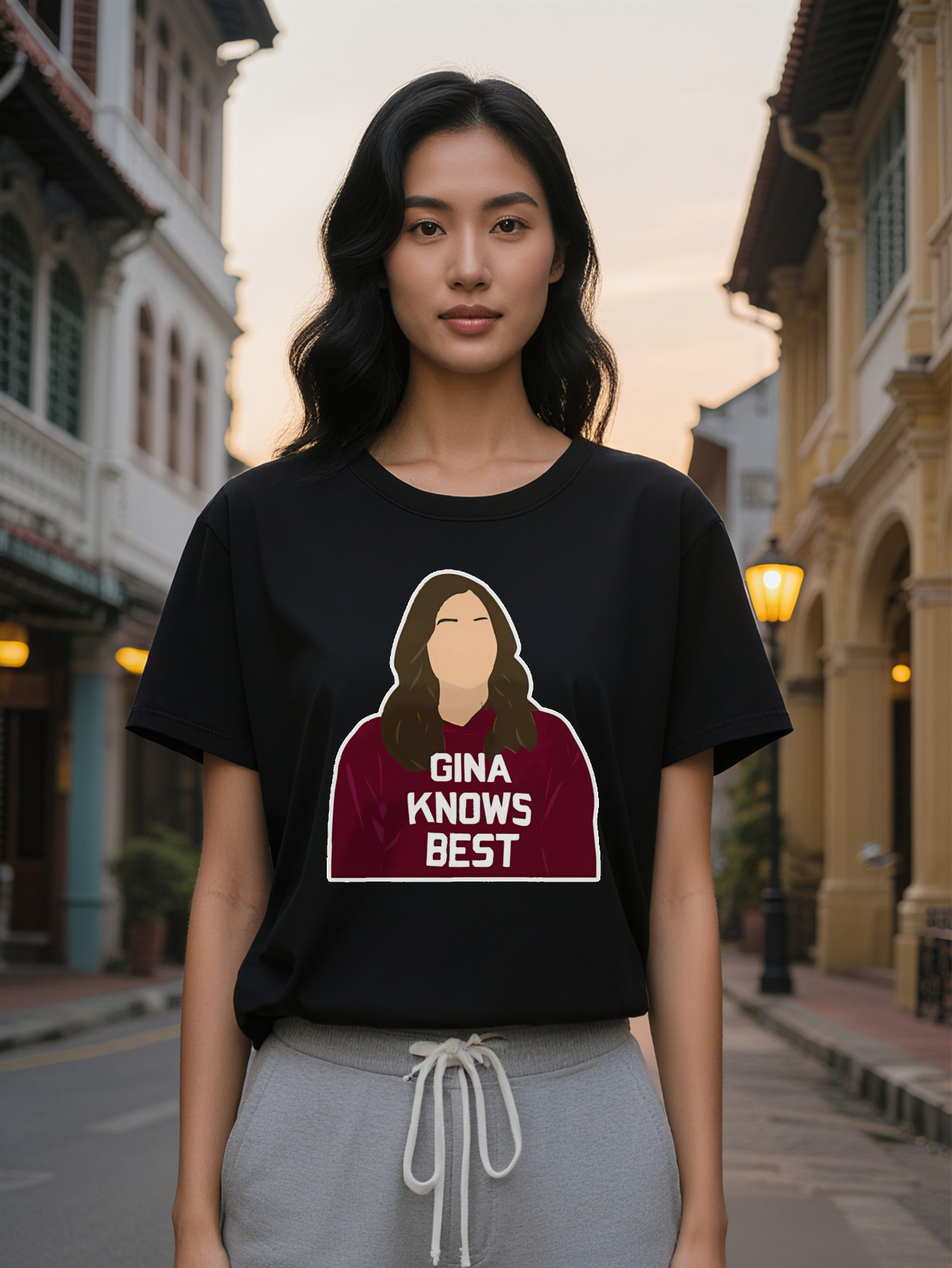 Large XL Gina Knows Best Brown Long Hair Cartoon T-Shirt Crew Neck for Women Summer Knit Fabric Tops Women's Gift Tee Casual Plus Size