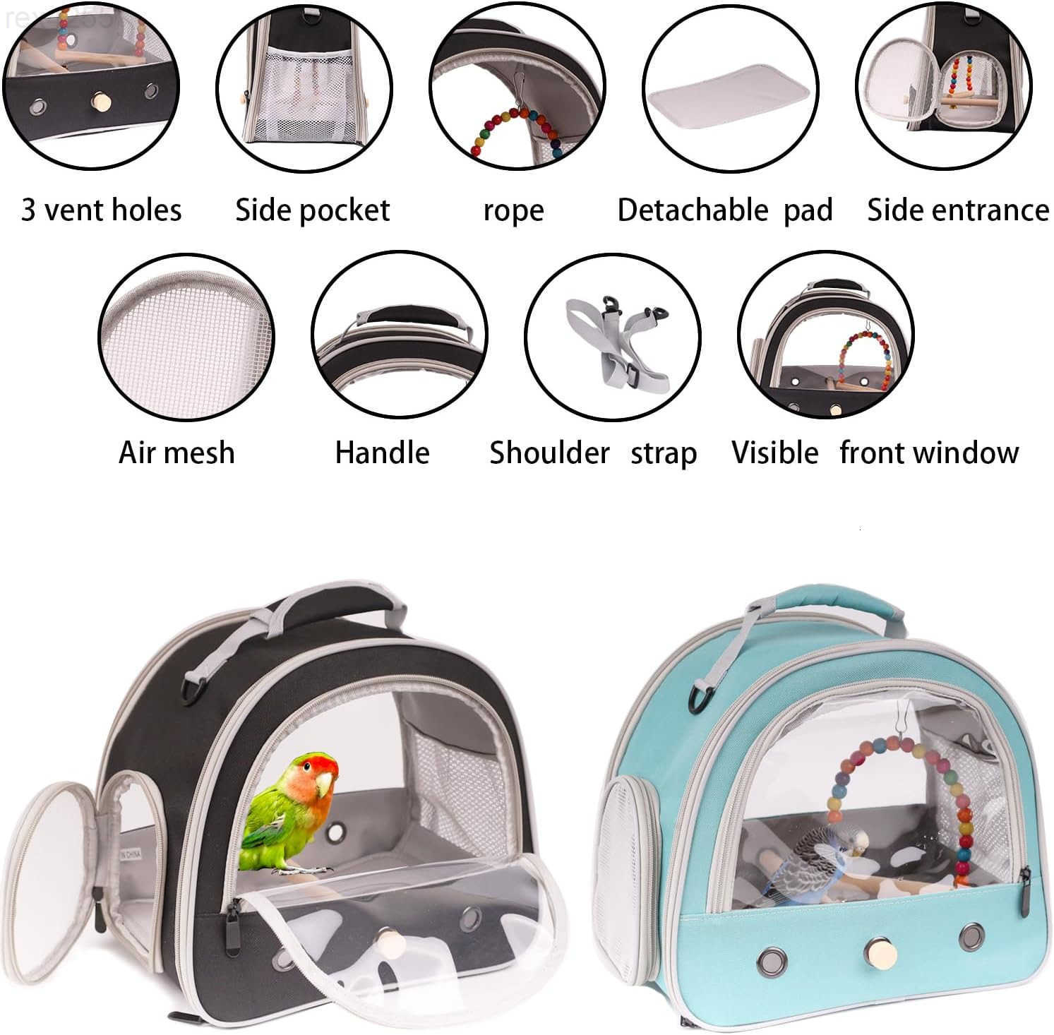 Travel Cage Carrier with Small Swing ToyCage Colorful Toys Set Small Bird Parakeet Bag with Standing Perch Bird Carry Transport Bag Black CarreirSwiW2