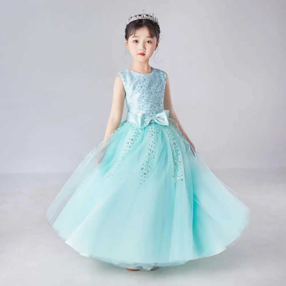 Girls Sleeveless Long Sequin Bow Mesh Princess Dress Piano Competition School Graduation Ceremony Fashionable Evening Gown Z250904