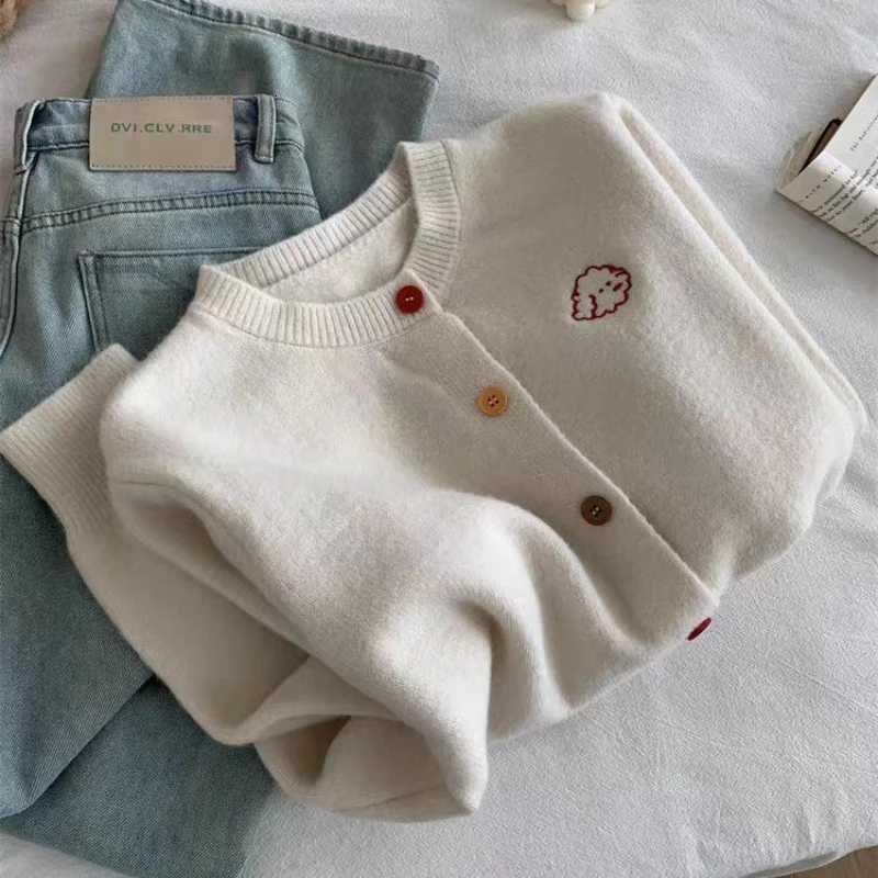 Women Colorful Button Tops Embroidered Oneck Knitted Sweater 2025 Autumn Winter Versatile Long Sleeve Cardigan M250904