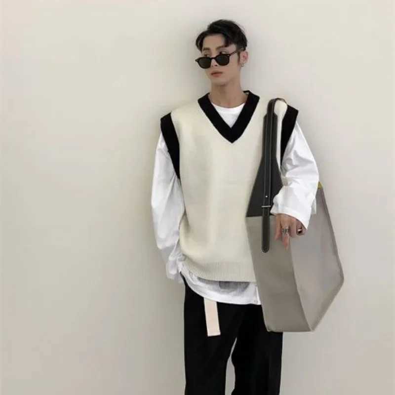 Man Clothes Beige Vest Waistcoat Knitted Sweaters for Men V Neck Sleeveless Order Korean Fashion Over Fit Knit Large Big Size XXJ250904