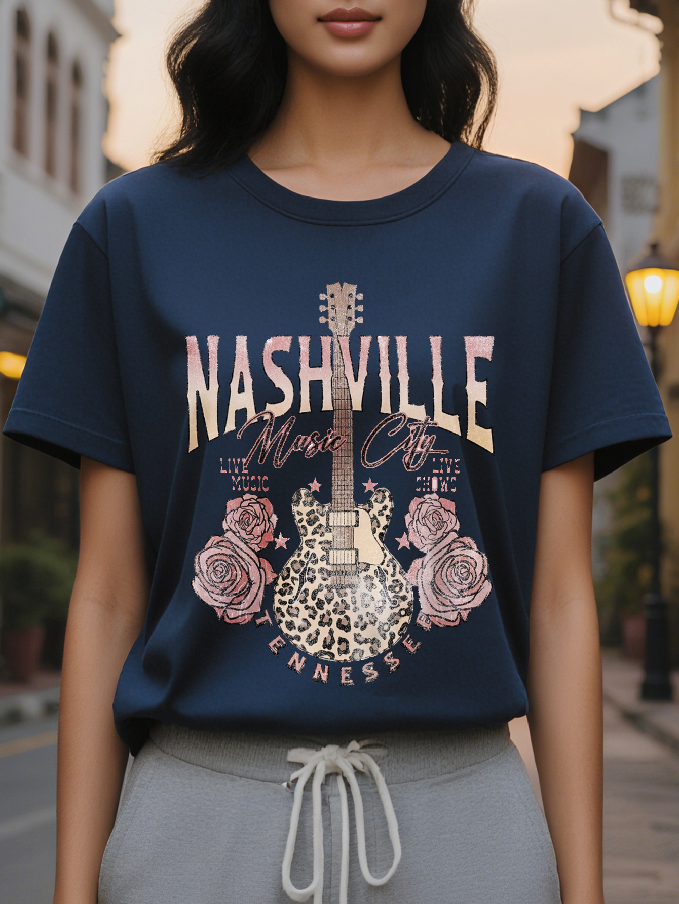 Guitar Print T-shirt Short Sleeve Round Neck Casual Top Summer and Spring Women's Clothing