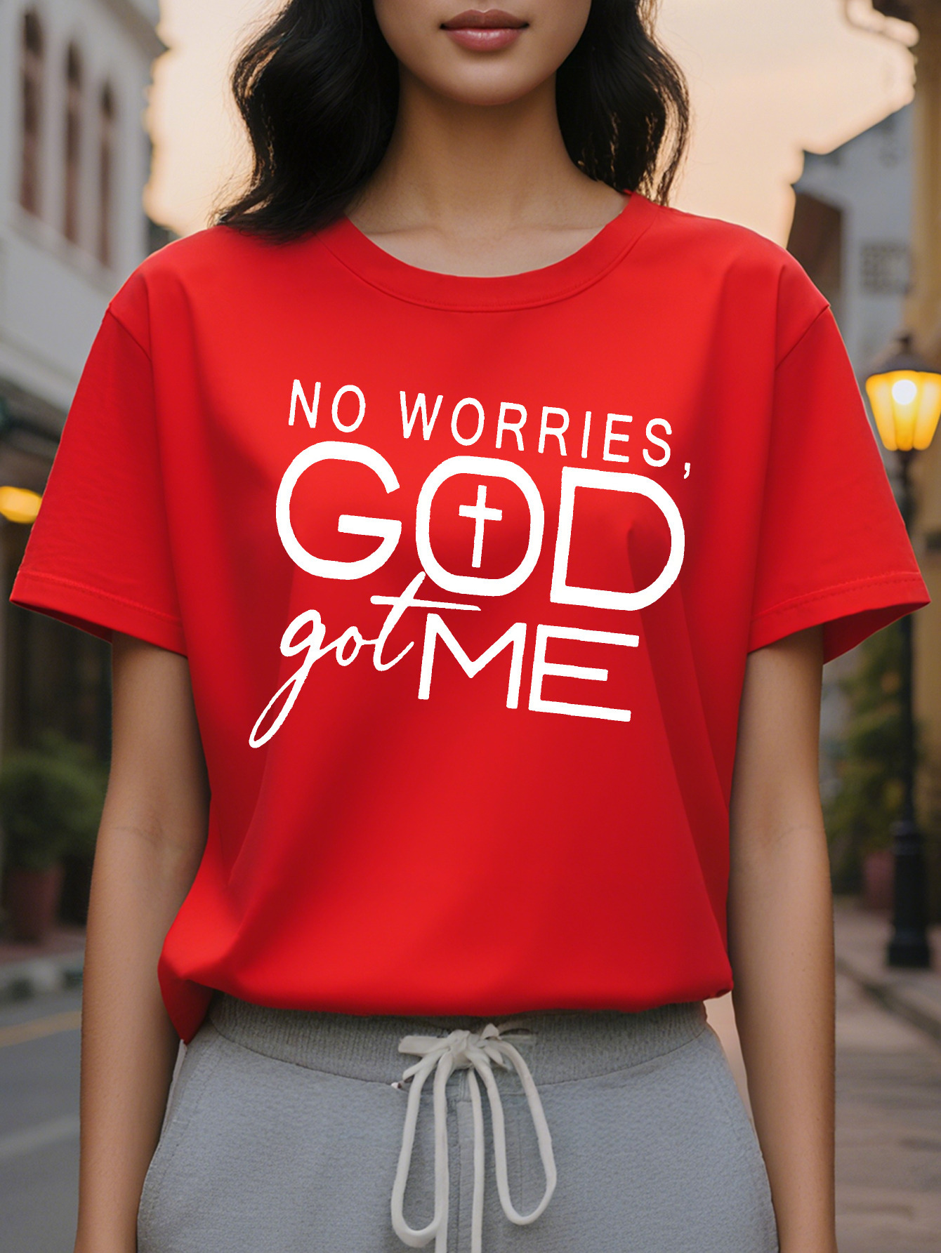 Christian Women s NO WORRIES GOD GOT ME Casual Short Sleeve T Shirt Black with White Lettering Medium Stretch Round