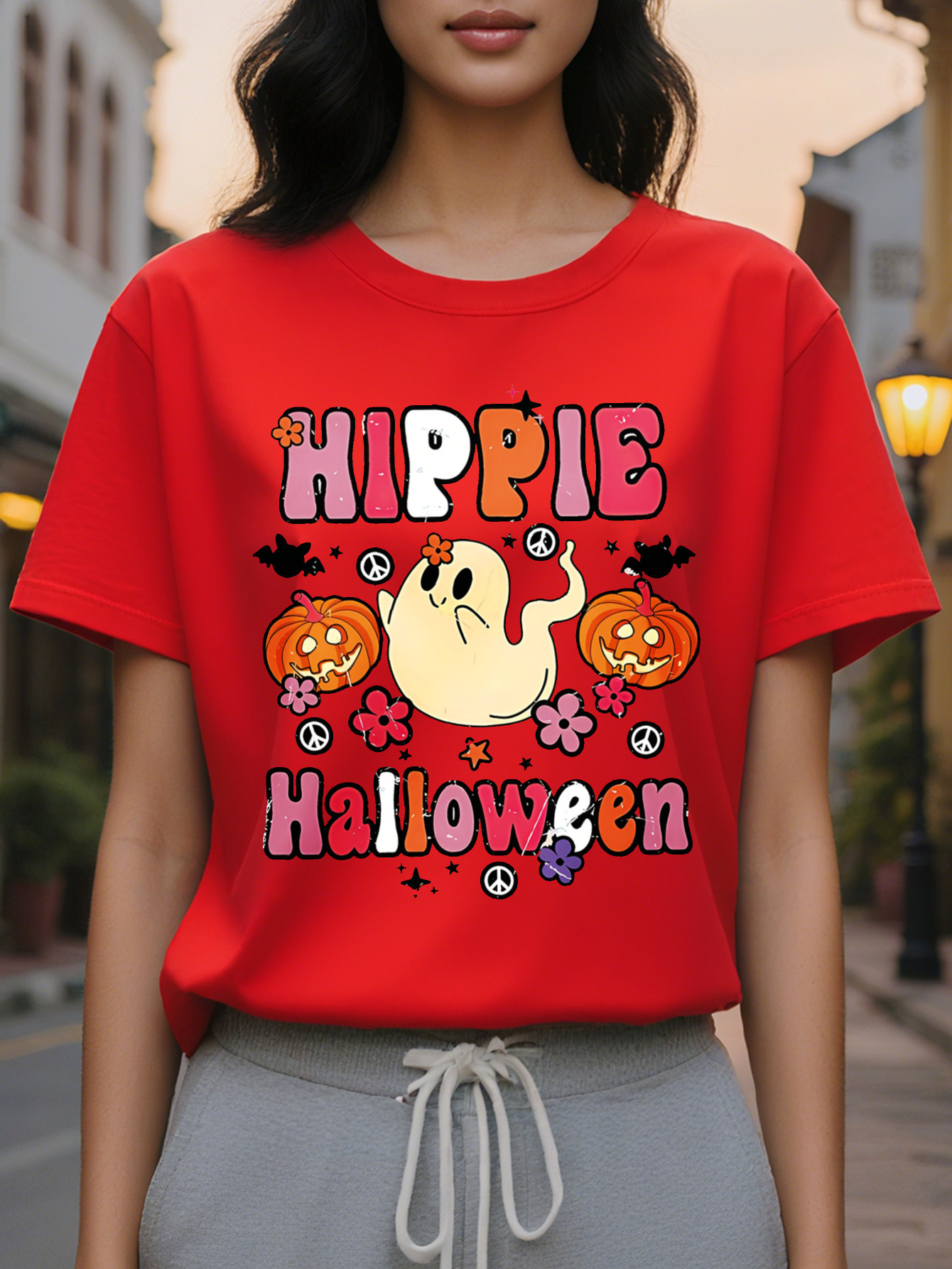 Large XL Women's Halloween Cute Hippie Print T-Shirt Round Neck Short Sleeve with Bats Pumpkins Peace Symbols Spring Summer Plus Size