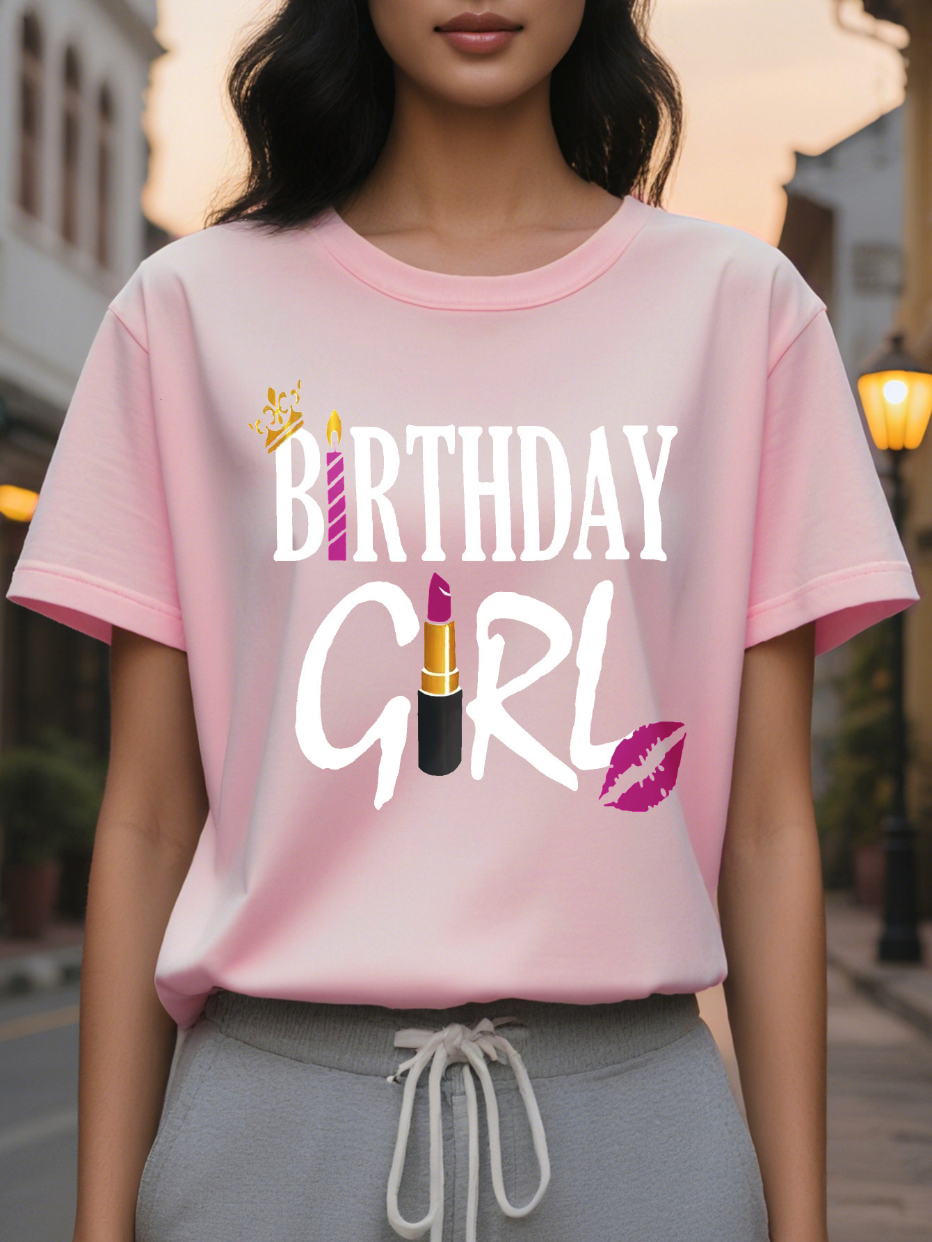 Large XL Birthday Girl Print T-Shirt Casual Short Sleeve Crew Neck Top Stylish All Season Women's Clothing Plus Size
