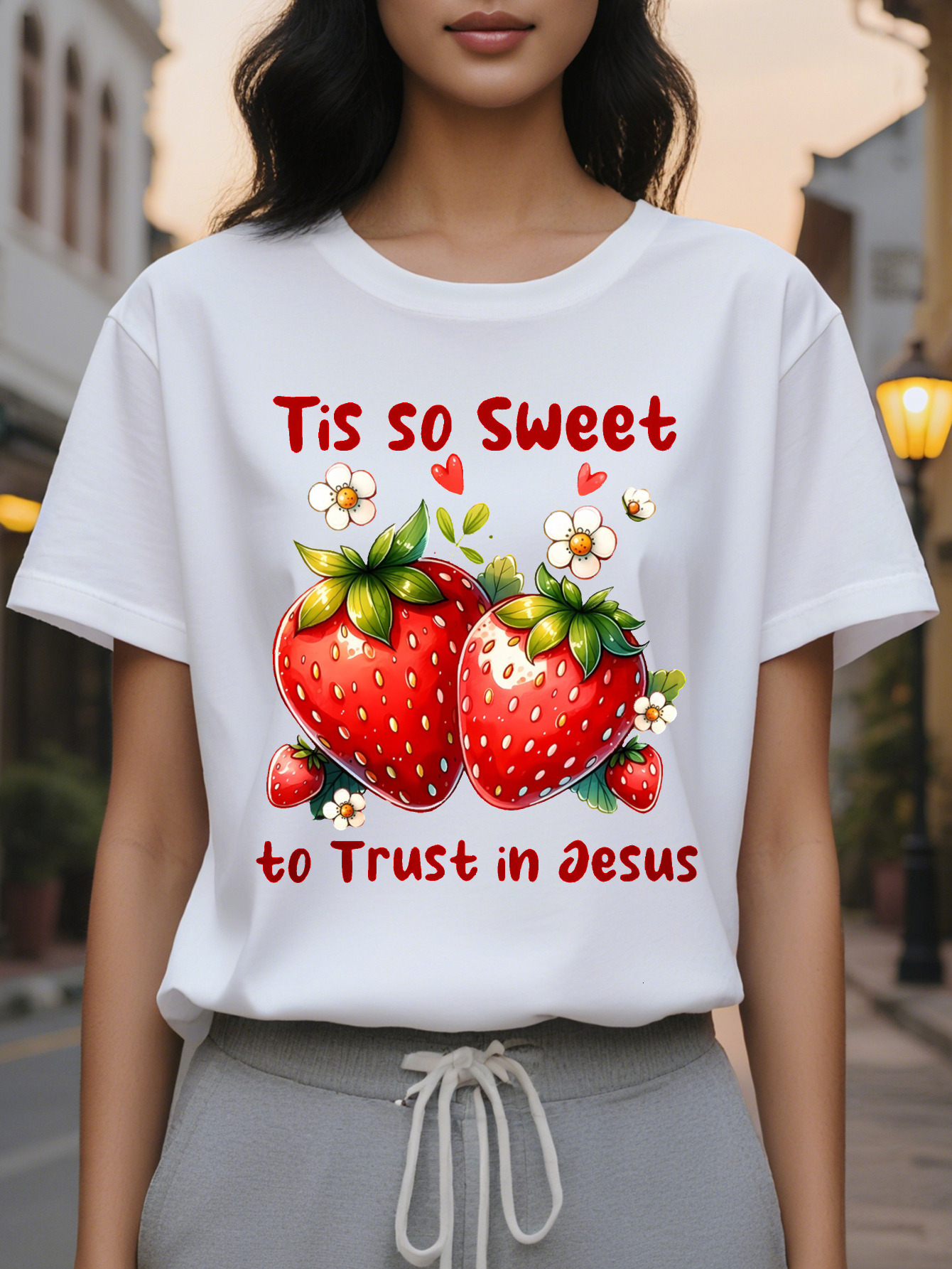 This sweet strawberry short sleeved T-shirt with round neck is a casual top suitable summer and spring for women