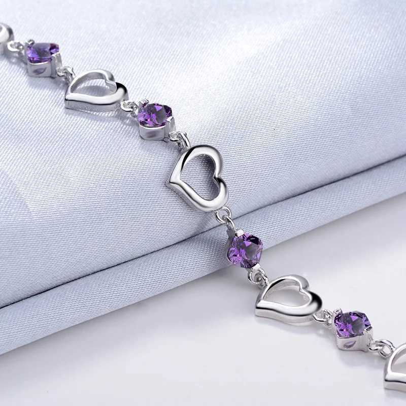 Sterling Silver Heart Shed Bracelet for Women Vintage Purple Amethyst Bracelets Jewelry Set Party Jewelry Bangles for WomenXJ250904