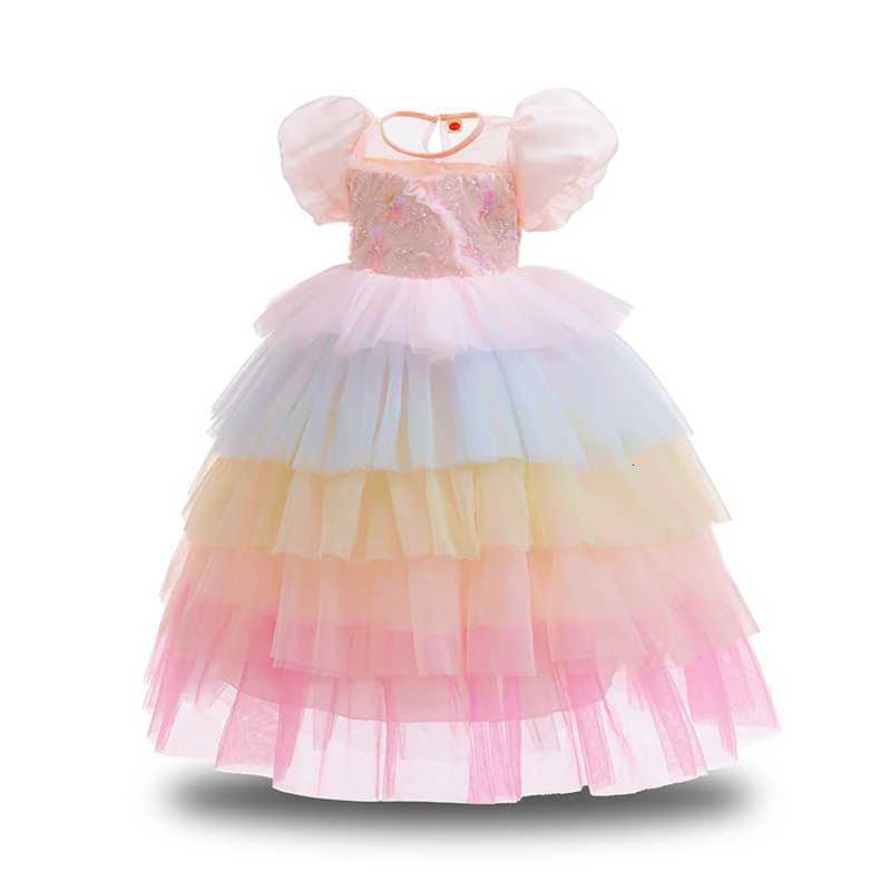 Girls Summer Princess Dress Bubble Sleeve Rainbow Cake Saree Kids Casual Halloween Party Dress Size 100-150 Z250904