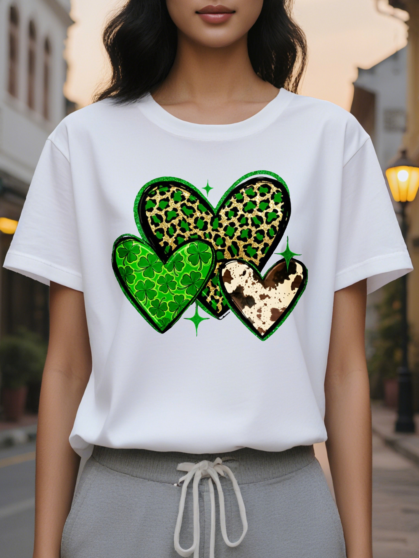 St Patrick's Day T-Shirt Clover Heart Print Short Sleeve Crew Neck Top for Spring Summer Women's Clothing