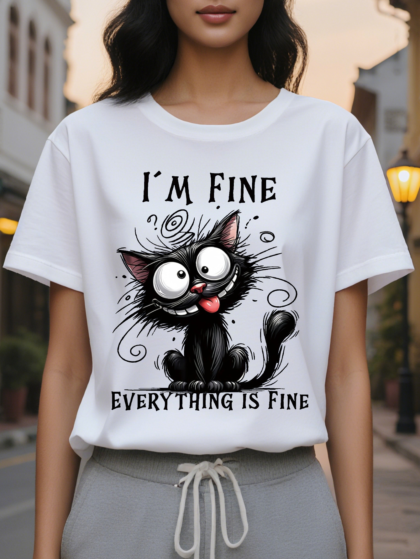 Large XL Humorous Casual Women's T-Shirt Light Yellow Short Sleeve I'm Everything Is Fine Graphic Print Crew Neck Summer Fit Plus Size