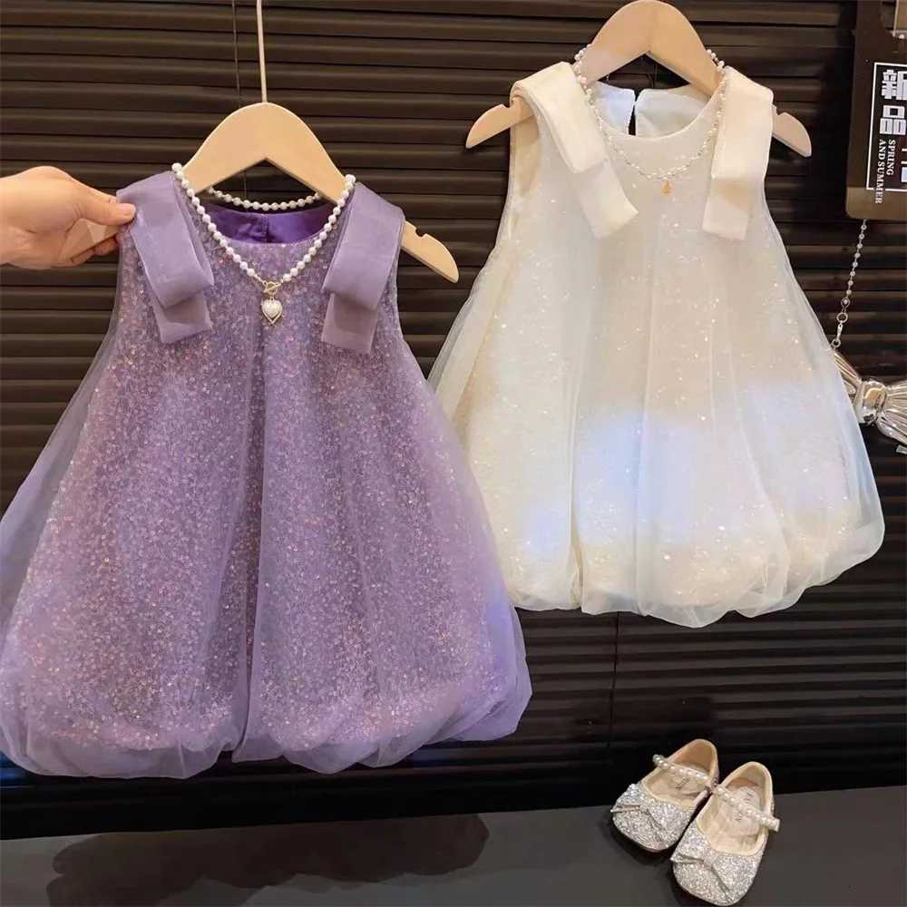 Girls Casual Dresses New Children Clothing Summer New Princess Flower Bud Sequin Mesh Yarn 2024 Sequin Sweet Round Collar Z250904