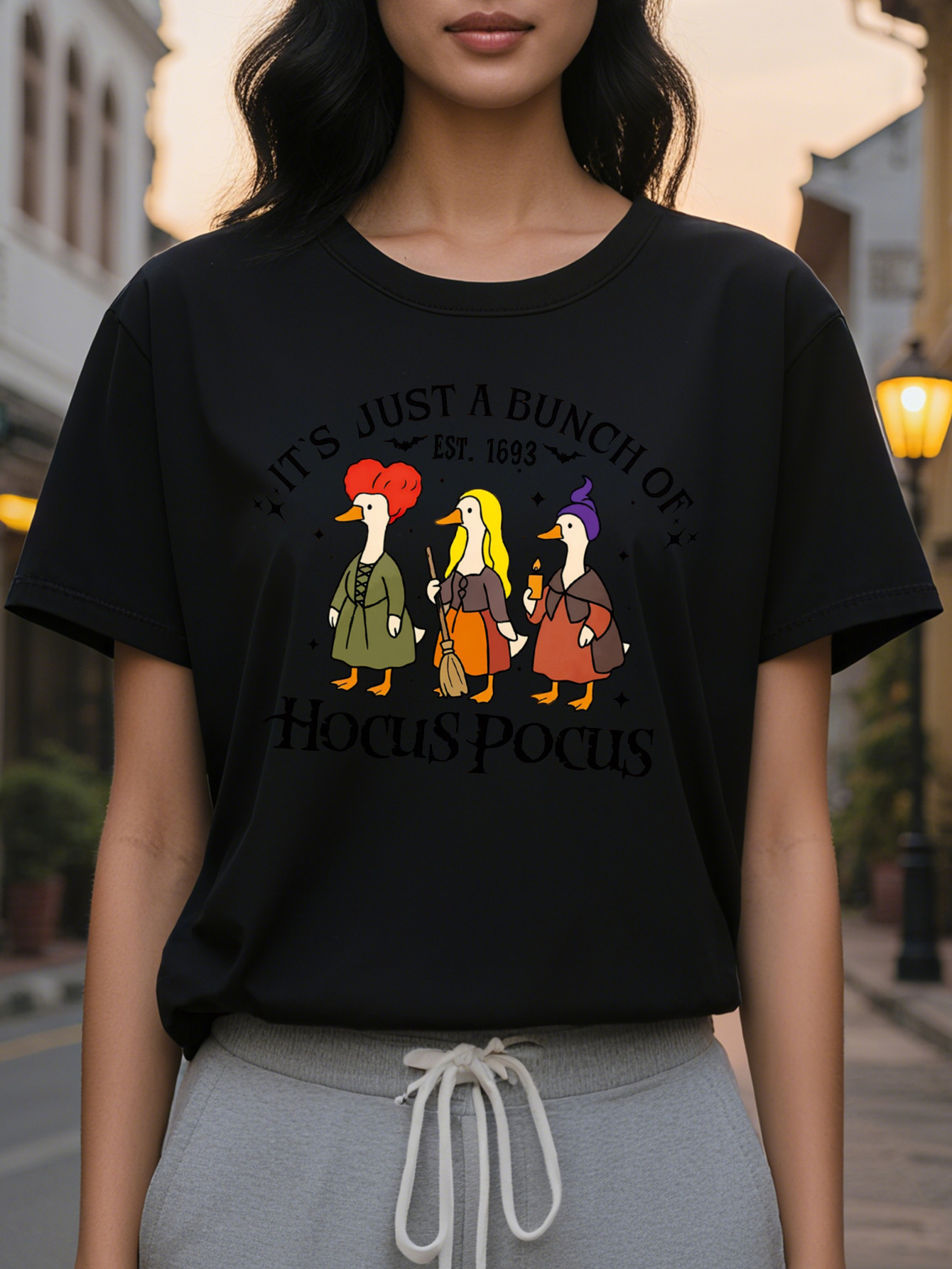 Women's Movie Quote Halloween T-Shirt It's Just a Bunch of Hocus Pocus Graphic Tee with Witch Design Soft Round Neck