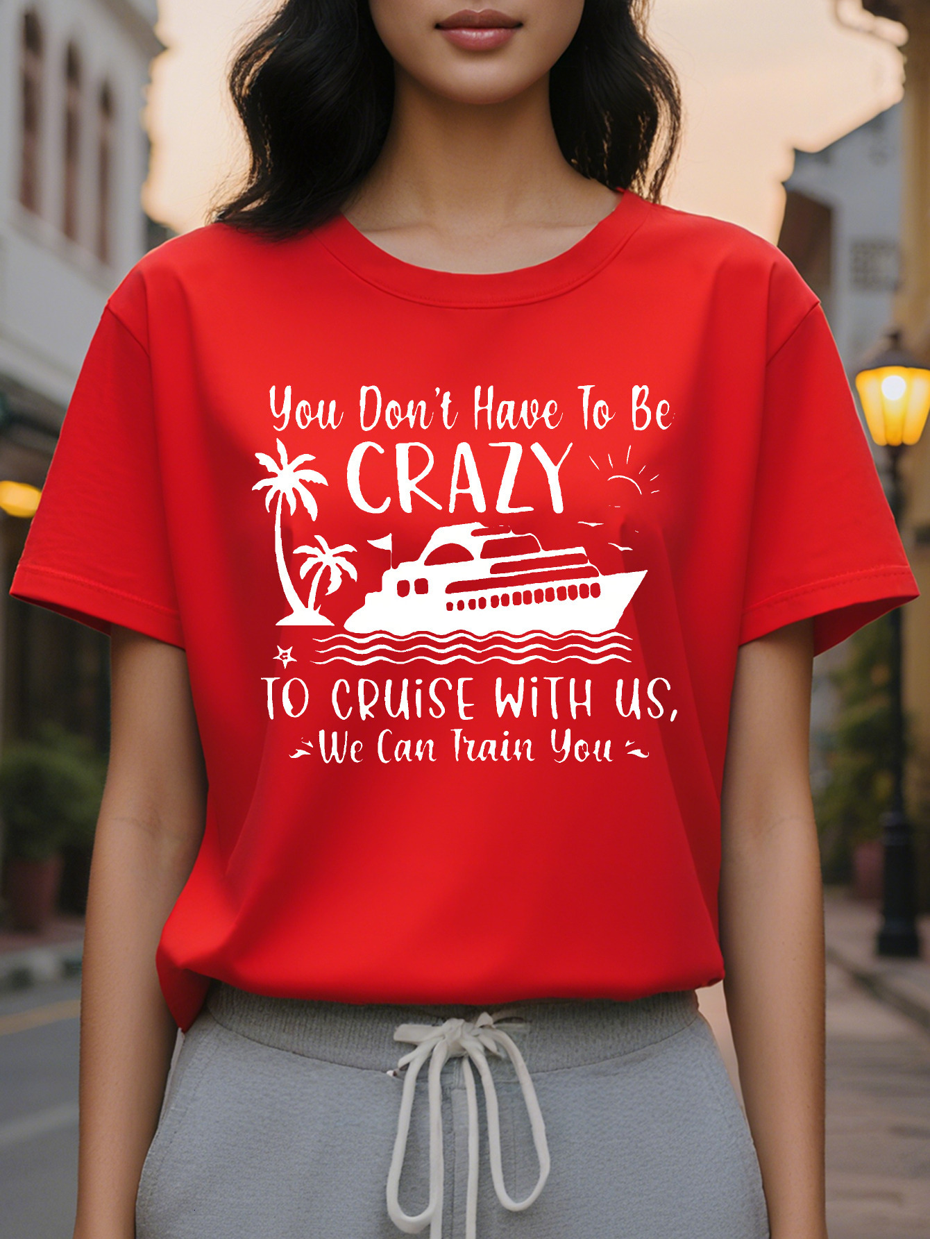 Women's casual round neck T-shirt with letter and boat print, soft cotton, washable