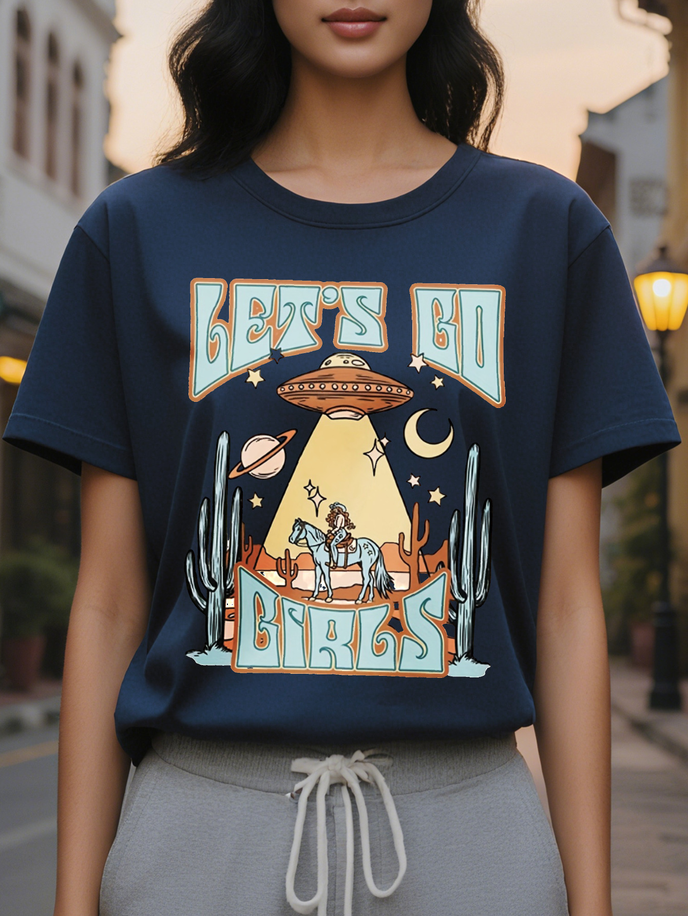 Large XL All Season Cowgirl UFO Casual Tee Chic Stretchy Easy Care Women's Top Plus Size