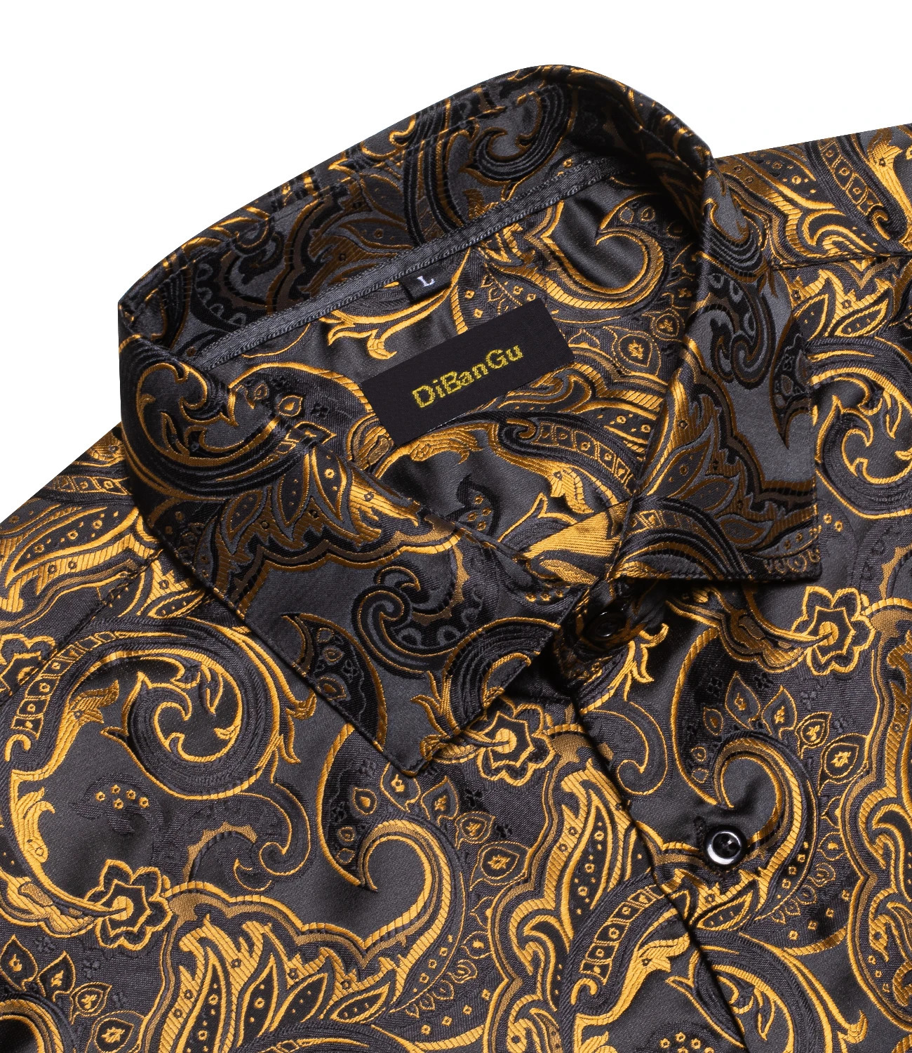 Men Dress Shirt Formal Prom Tuxedo Long Sleeve Silk Polyester Golden Color Paisley Black Shirts Blouse Men Clothing250904