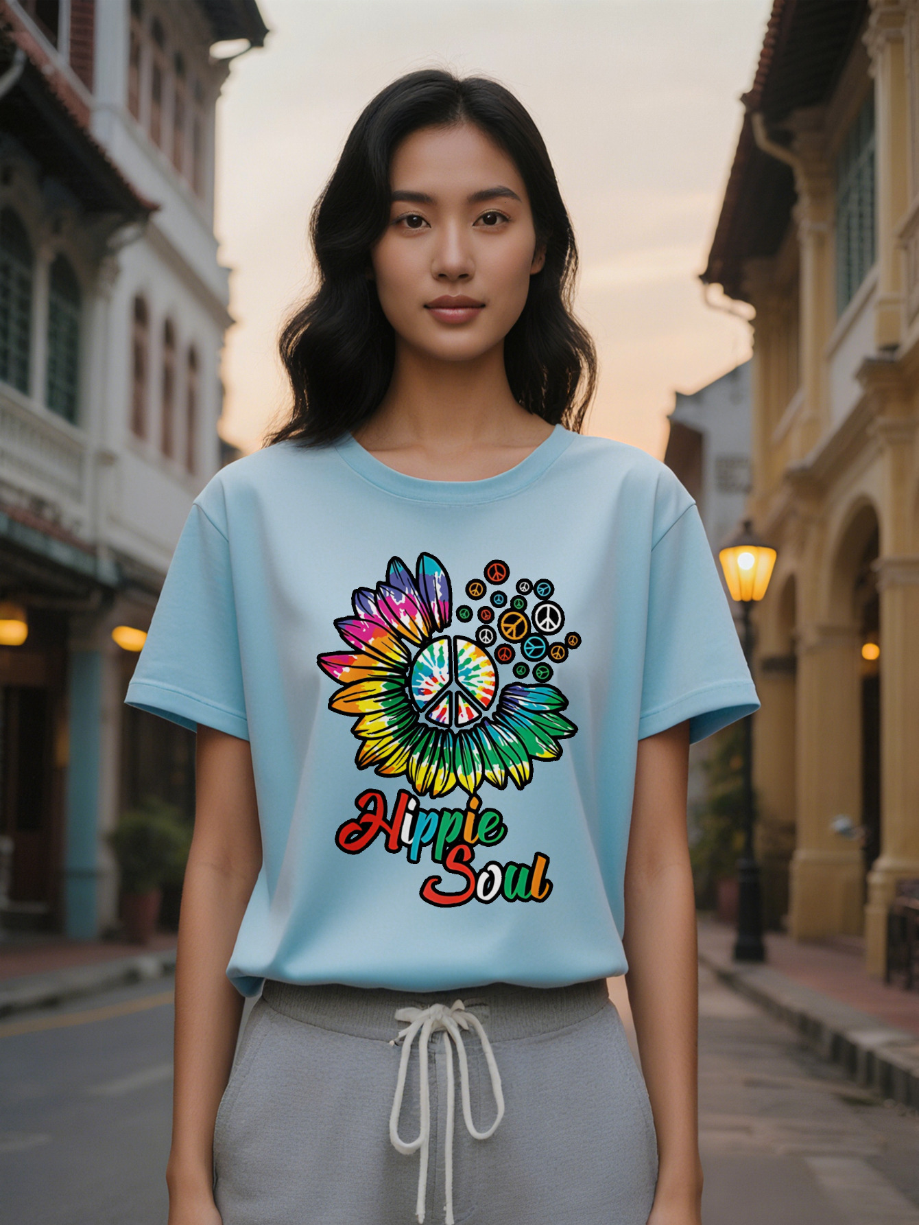 Lady Casual Graphic T-Shirt Hippie Soul Design with Colorful Peace Symbols Suower Motif Black Round Neck Summer