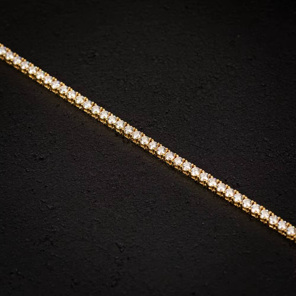 Unisex Yellow Gold 925 Silver Tennis Link Chain Bracelet 3mm Round Brilliant Cut Moissanite Diamond HipHop Style for Men Women