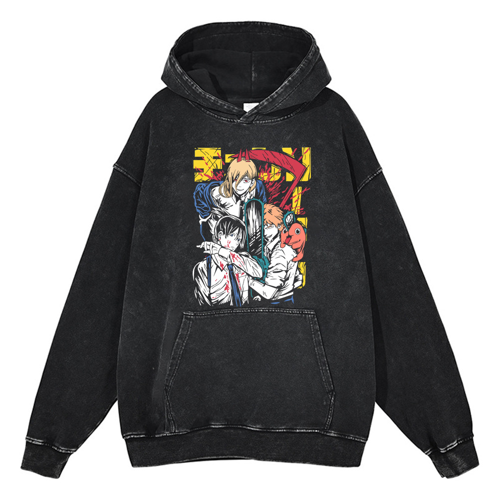 440g Heavyweight Washed Vintage Chainsaw Man Cartoon Anime Street Retro Cotton Hoodie Streetwear Hooded Sweatshirt - TT8250