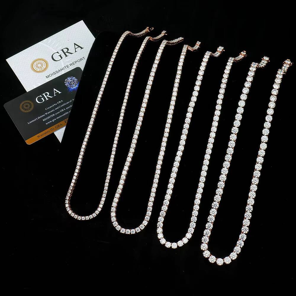 Hiphop Moissanite Tennis Chain Necklace Iced Out 3mm 4mm 5mm 6mm 925 Sterling Silver Rose Gold Color Bling Rapper Necklace