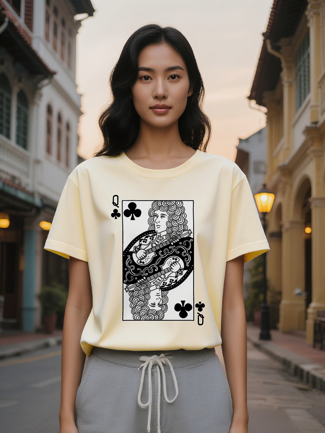 Lady Short Sleeve T Shirt with Queen of Clubs Playing Card Graphic Print Black Round Neck Summer Women's Washable Regular