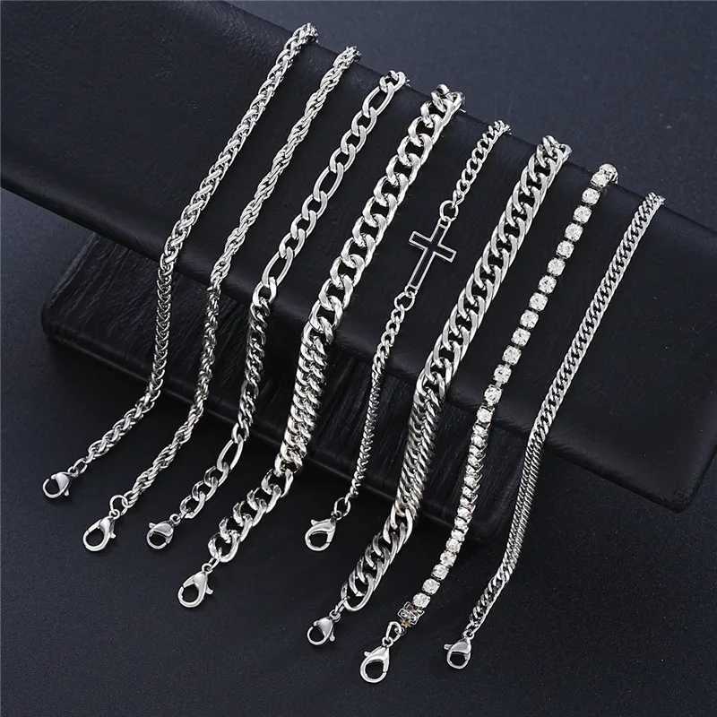 8 pcs Stainless Steel Cuban Chain Bracelet for Men Women Figaro Vintage Metal Viking Kpop Pulseras Luxury Cross Jewelry Gift W250904