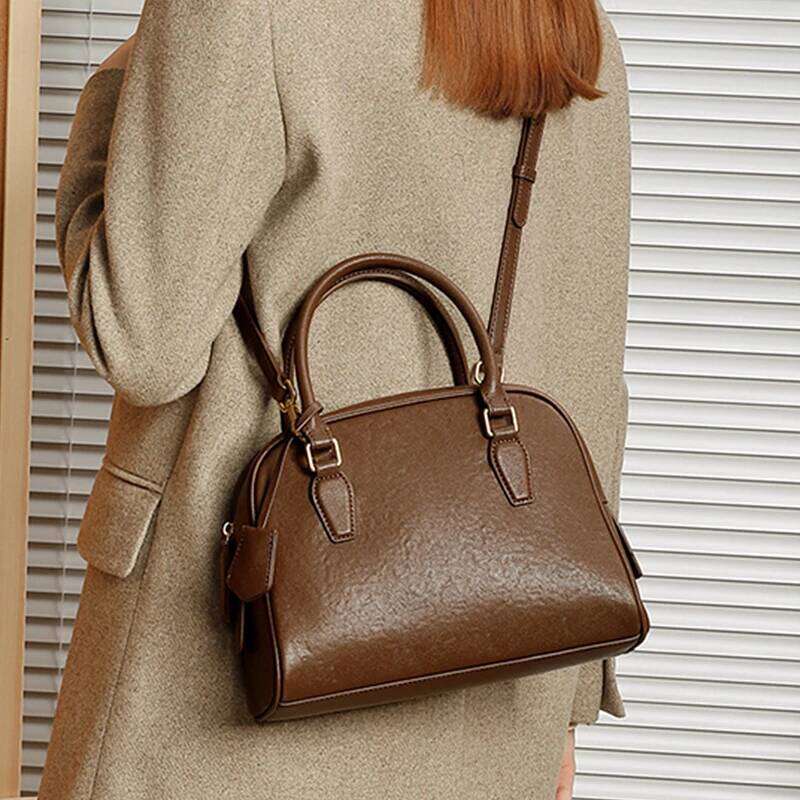 Hifashion Vintage Genuine Leather Bowling Tote Handbags For Women 2025 Designer Shell Work Ladies Shoulder Crossbody Bags