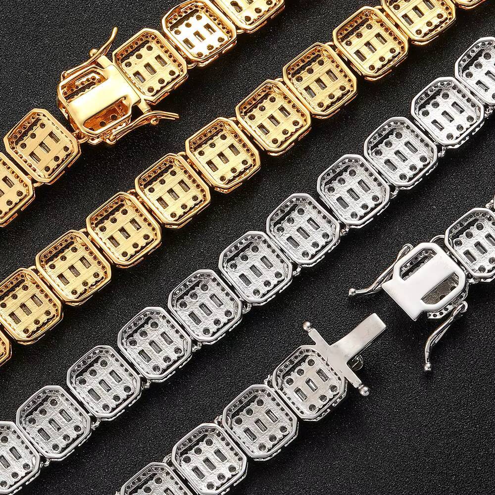 Nuoya 13mm Iced Out Tennis Bracelet Micro Pave Bling Baguette Moissanite Cluster Chain Hip Hop Jewelry For Women