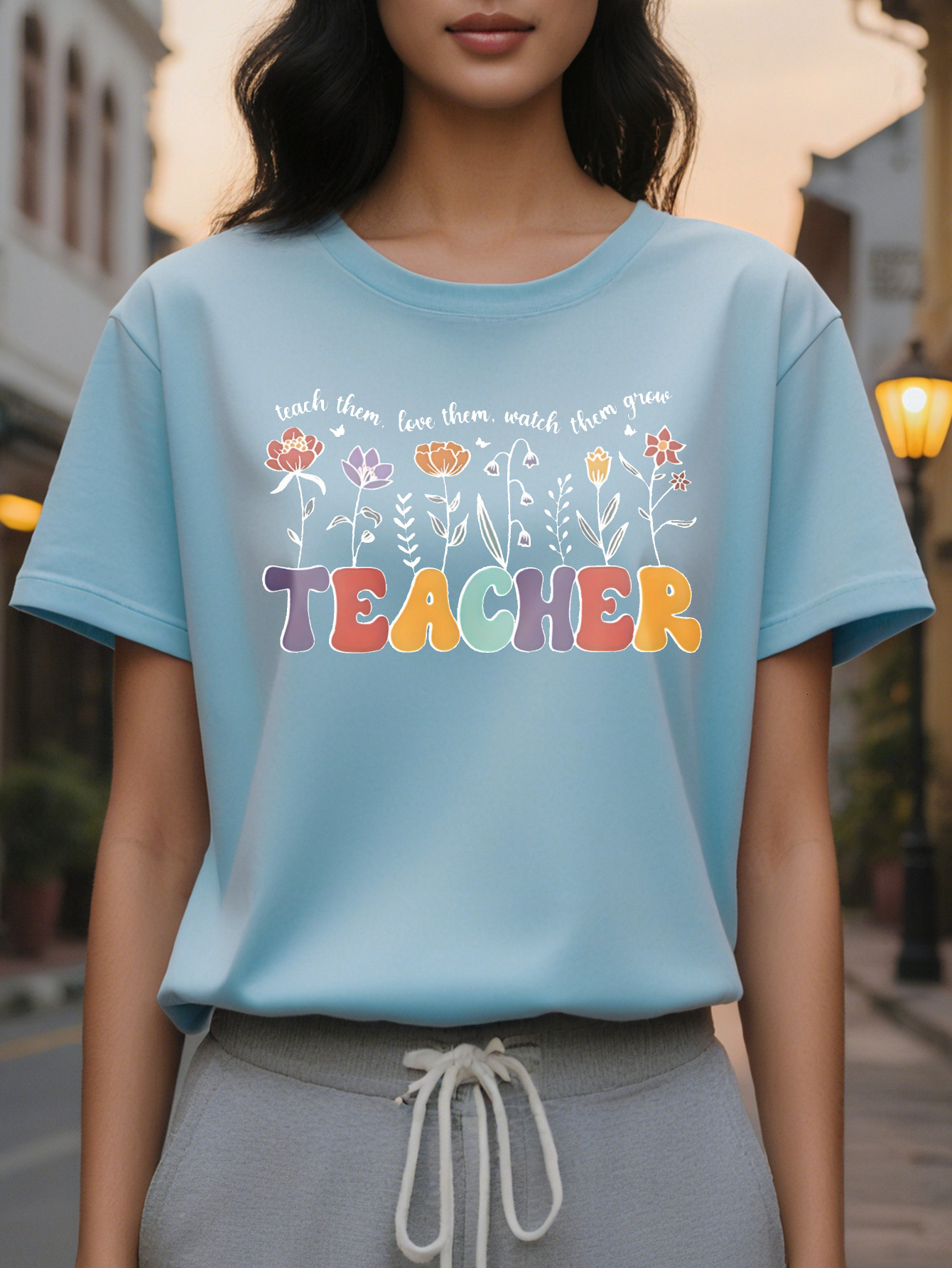 Women's TEACHER pattern T-shirt Distinctive short sleeved round neck casual top for spring and summer season black with