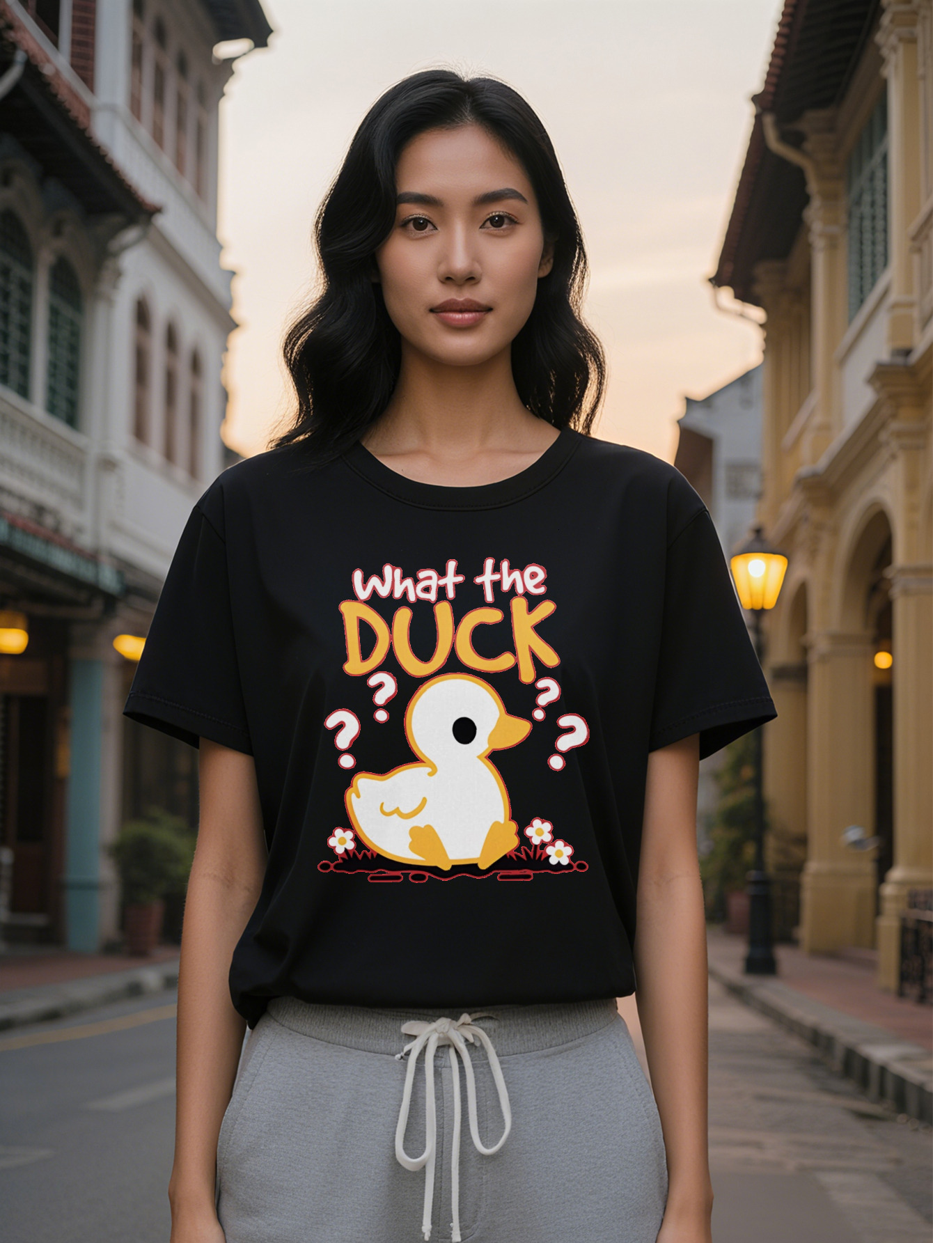 Large XL Women's Casual Graphic T-Shirt with What the Humorous Print Black Round Neck Summer Tee Featuring Yellow Duck Floral Plus Size