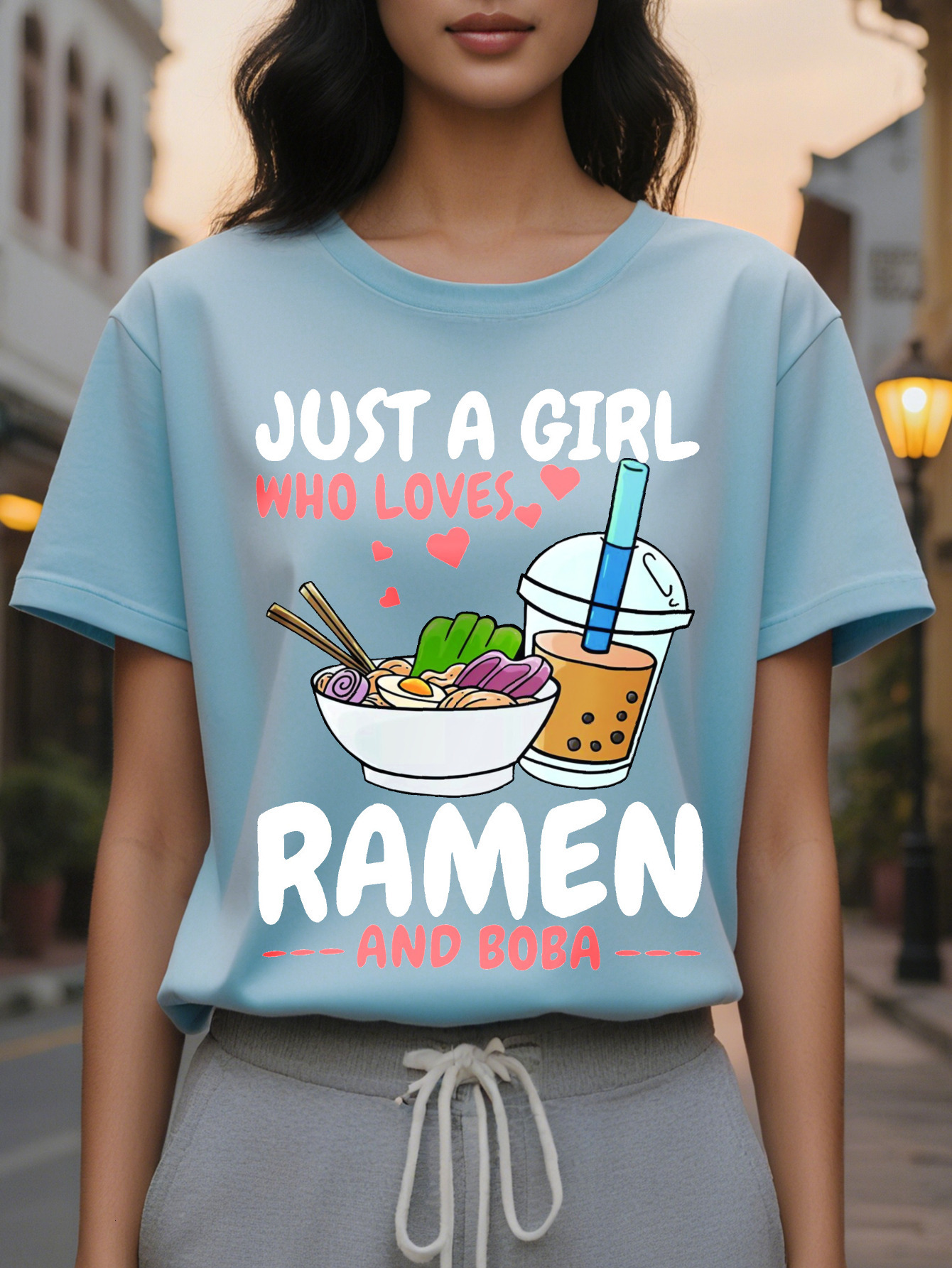 Large XL Ramen Letter Print Crew Neck T-shirt Casual Short Sleeve Top for Spring Summer Women's Clothing Plus Size
