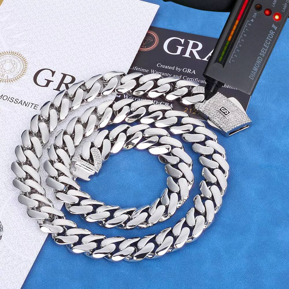 Eskeem 624mm Monaco Cuban Link Chain 14K Gold Plated 925 Silver Iced Out VVS Moissanite Clasp Smooth Necklace Hip Hop Jewelry