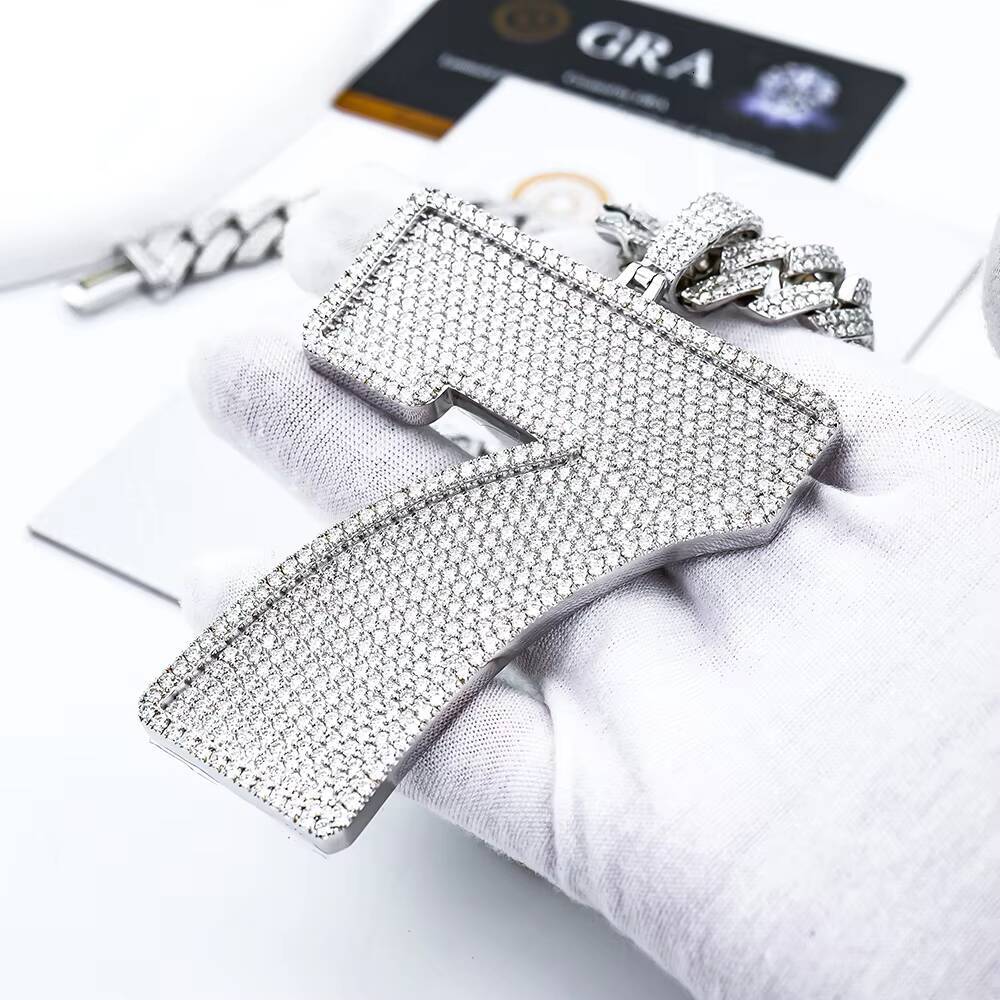 Custom Full Pave Iced Out Moissanite 925Silver White Gold Plated Big Number 7 Pendant Heavy Cuban Chain Necklace for Trendsetter