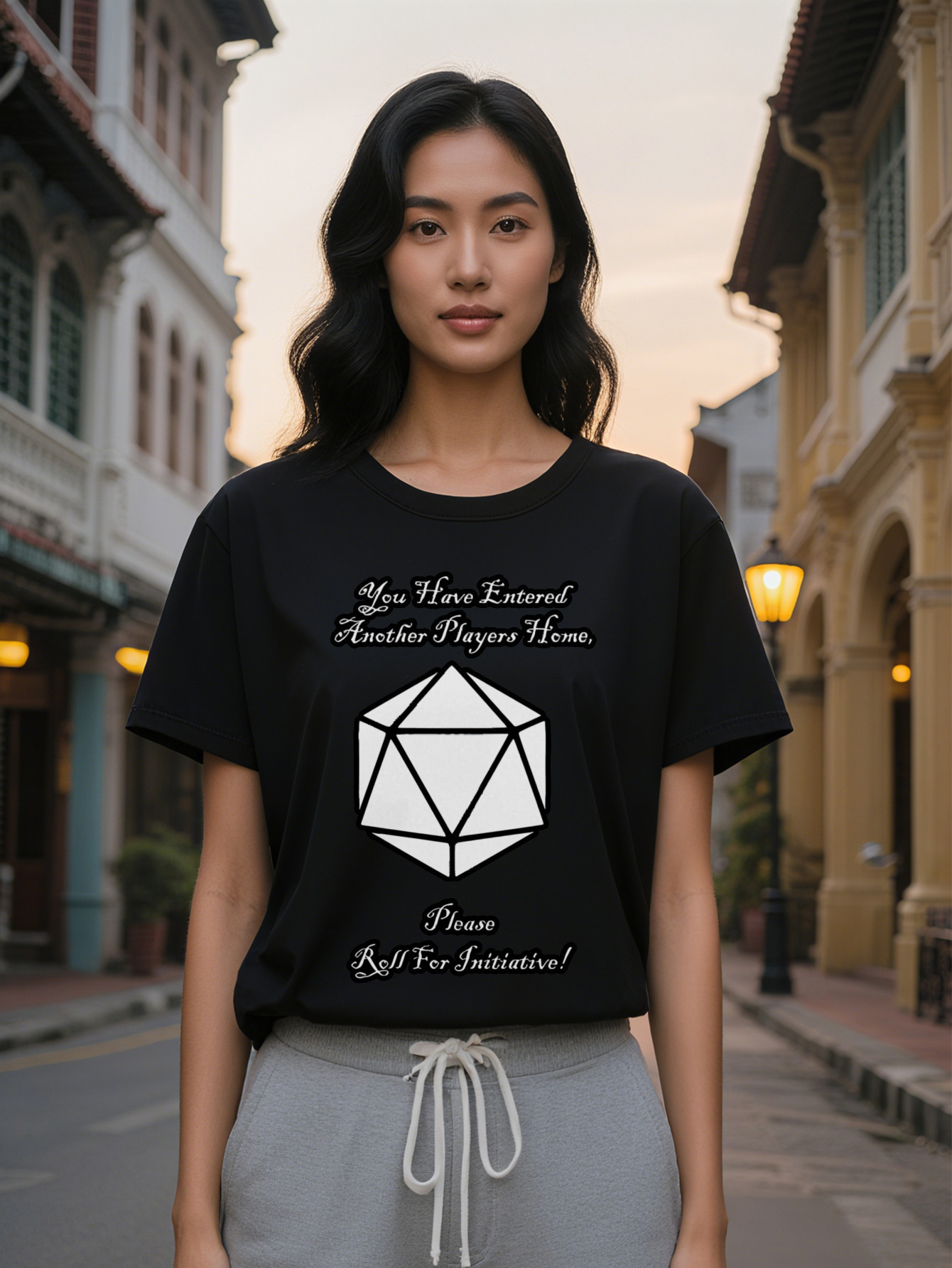 Large XL Women's Casual Versatile Round Neck T-Shirt Black Background with White Polyhedral Graphic Print You Have Entered Another Plus Size