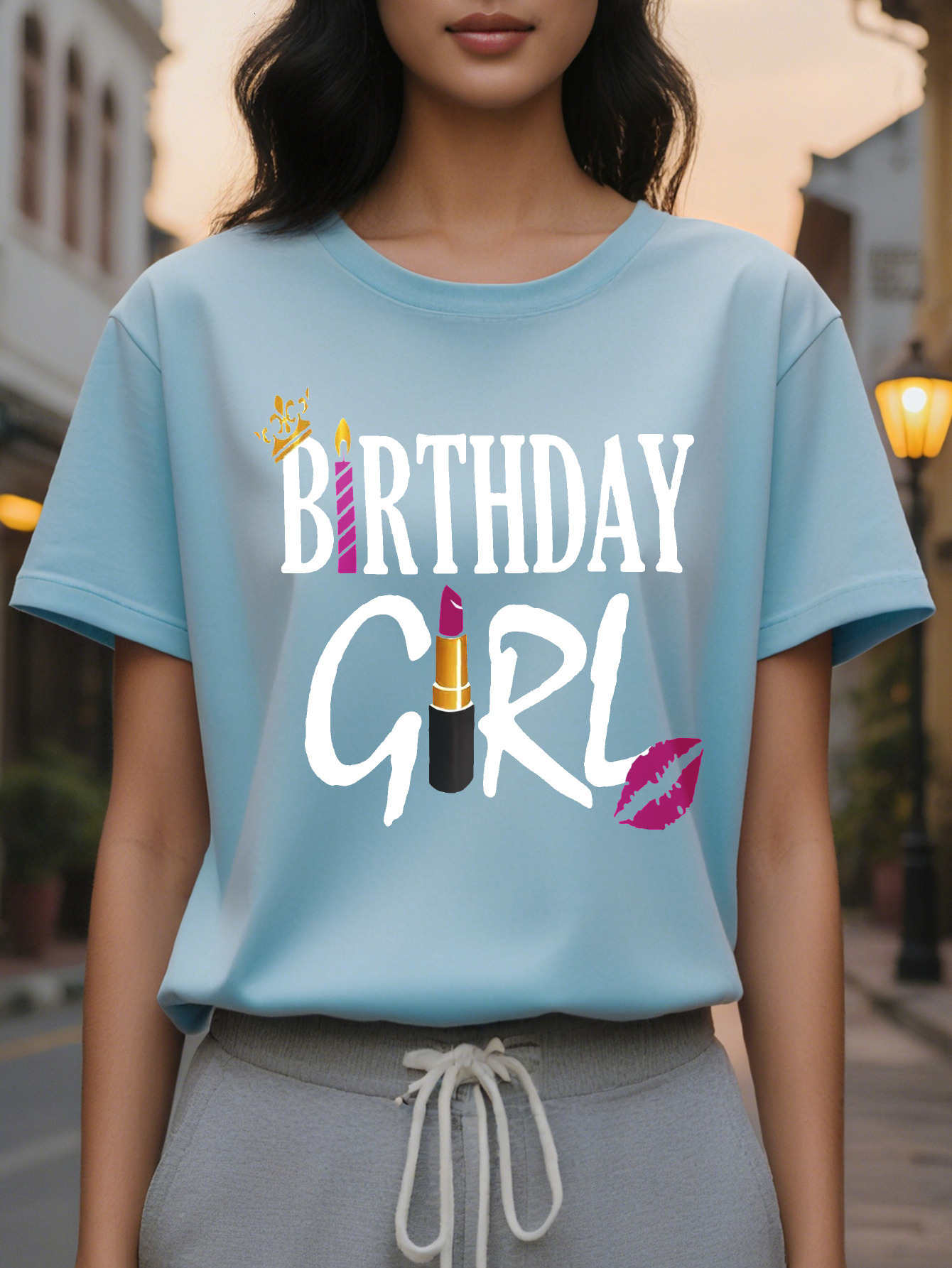 Large XL Birthday Girl Print T-Shirt Casual Short Sleeve Crew Neck Top Stylish All Season Women's Clothing Plus Size
