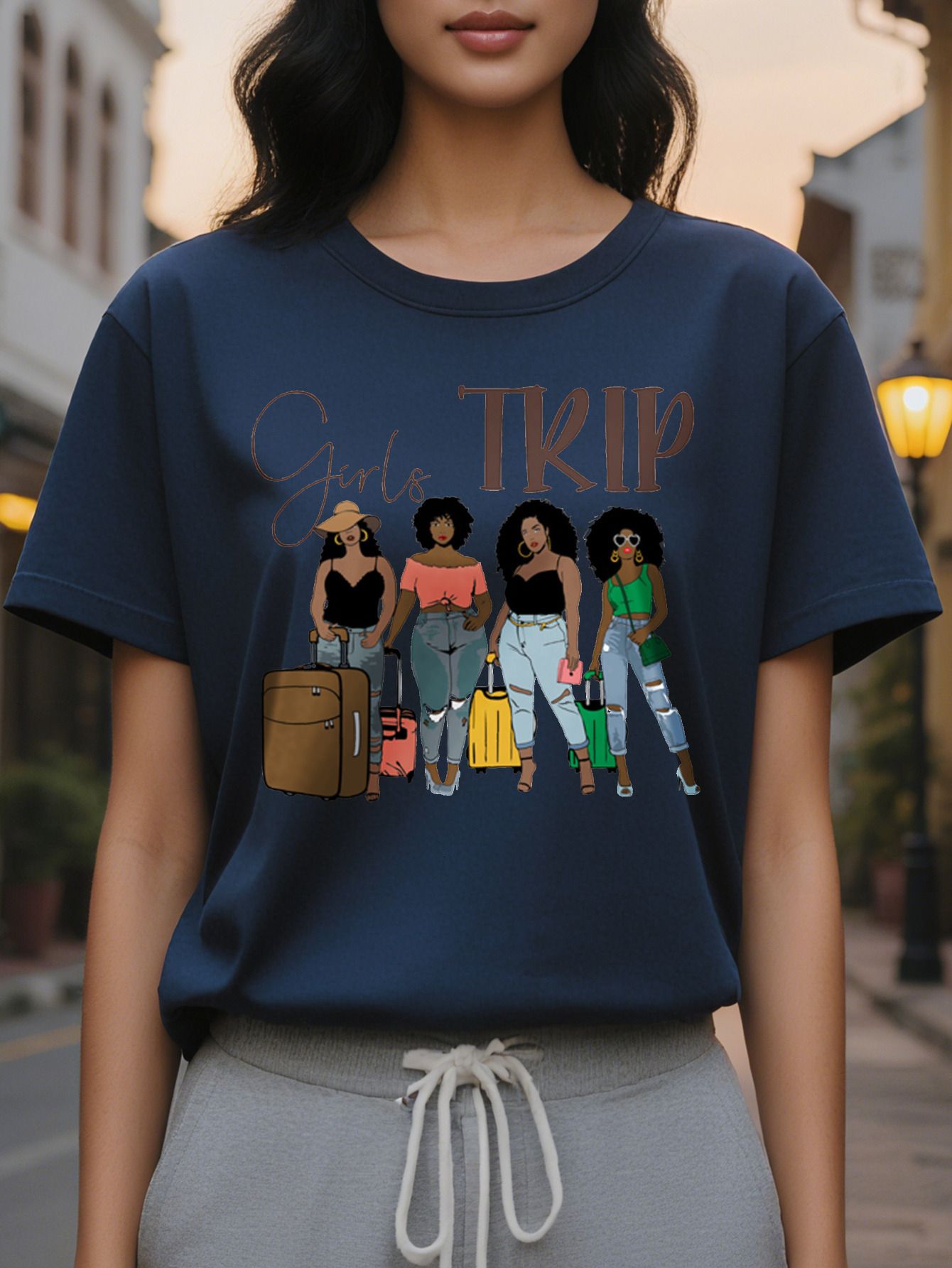 Large XL Girl Trip Print Crew Neck Casual Short Sleeve T-shirt for Summer Women's Clothing Plus Size