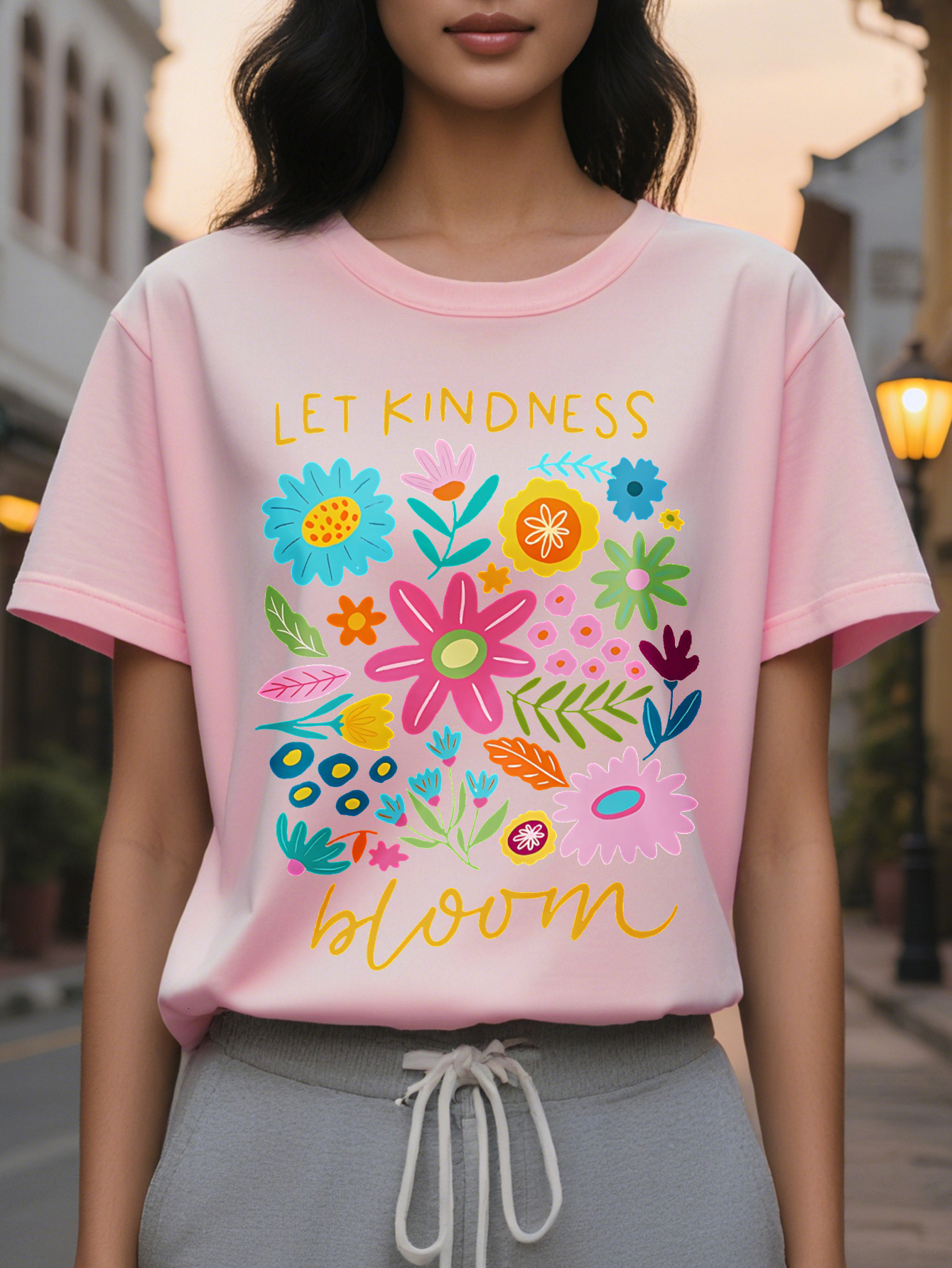 Large XL Women S Casual Floral Print T-Shirt Let Kindness Bloom Design with Vibrant Flowers Short Sleeve Crew Neck Perfect Plus Size