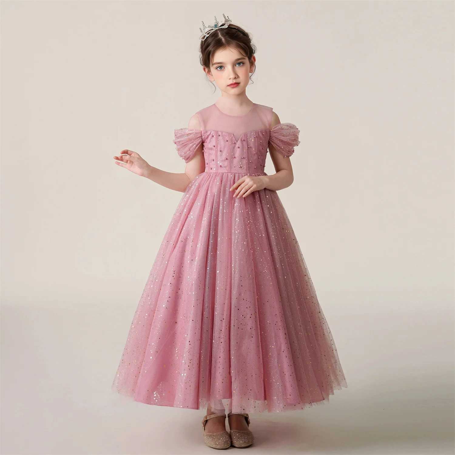 3-12 Year Children Pink Mesh Long Dress Wedding Dress Girl Princess Dress Girl Birthday Party Evening Dresses Z250904
