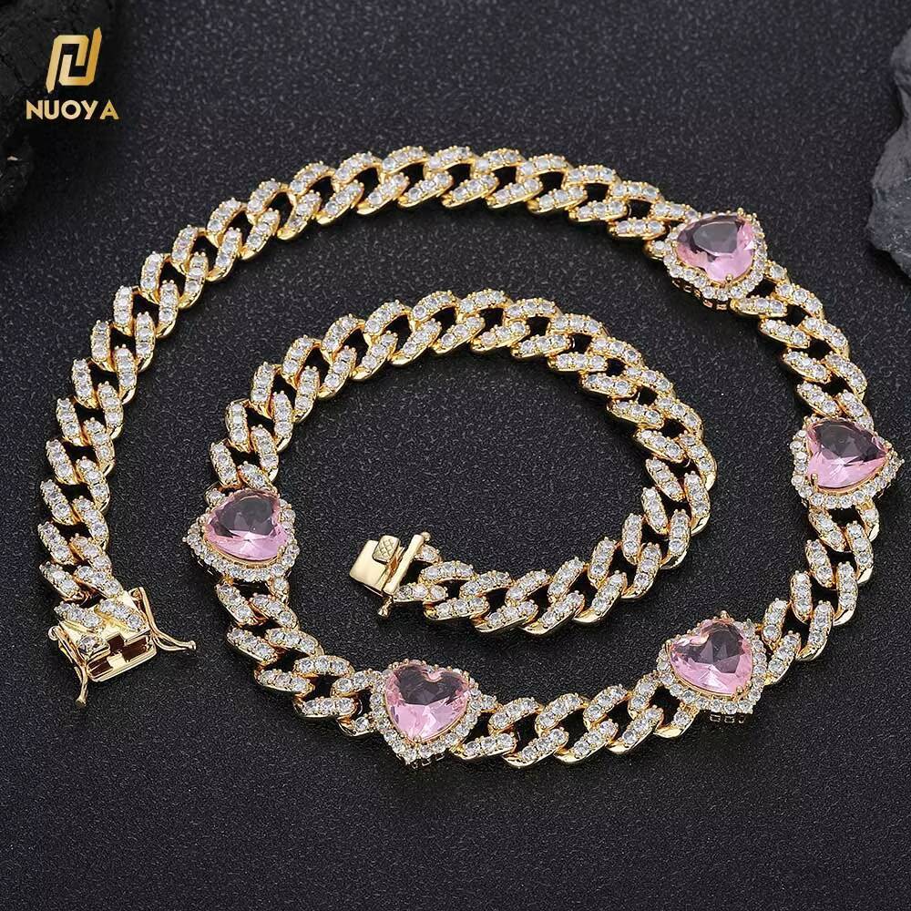 NUOYA 10mm Custom Iced Out Choker Necklace Pink Heart Moissanite Design Silver Cuban Chain Hip Hop Prong Cuban Chain for Women Gift