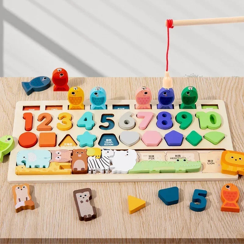 Kids Montessori Math Toys for Toddlers Educational Wooden Puzzle Fishing Toys Count Number Shape Matching Sorter Games Board Toy 250903