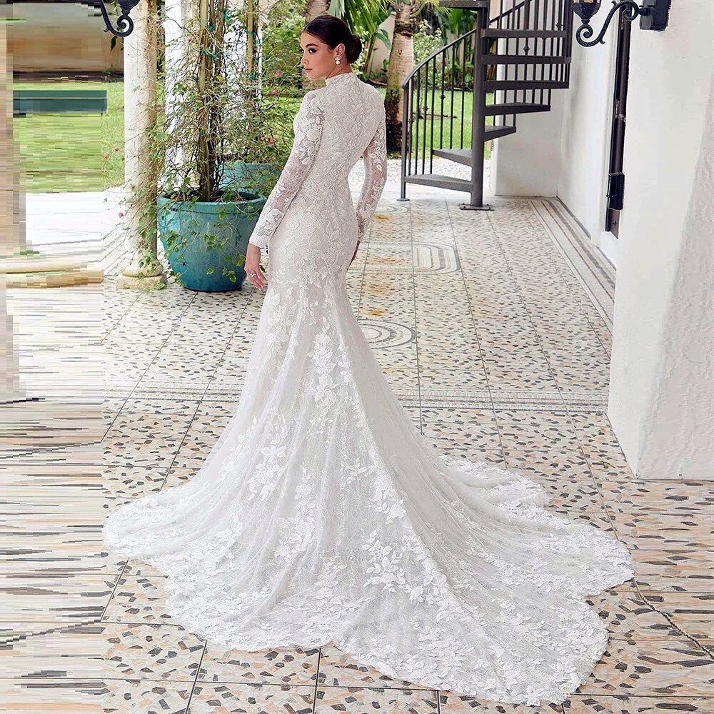 Long Sleeve Lace Mermaid Wedding Dresses High Collar Modest Bridal Gowns Appliques Ivory Elegant Bride Dress Back Buttons